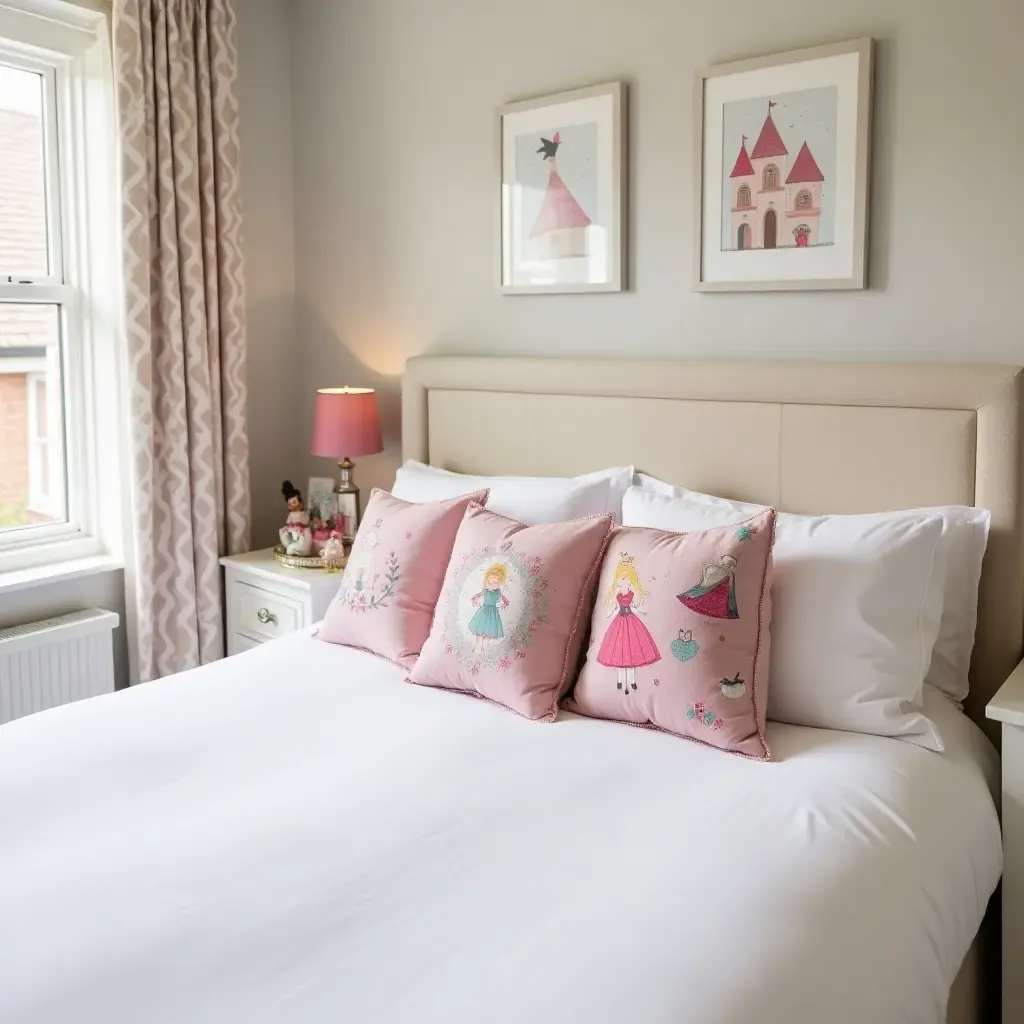 a photo of a whimsical bedroom with fairy-tale themed throw pillows