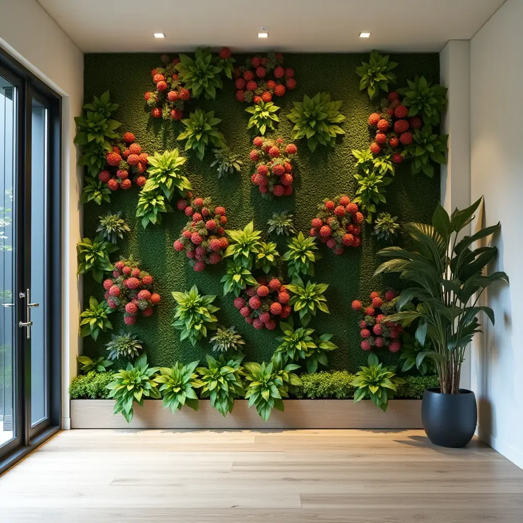 a photo of a vertical garden wall with colorful flowers in an entrance hall