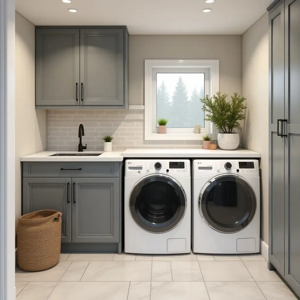 a photo of a modern basement laundry room with stylish appliances and decor