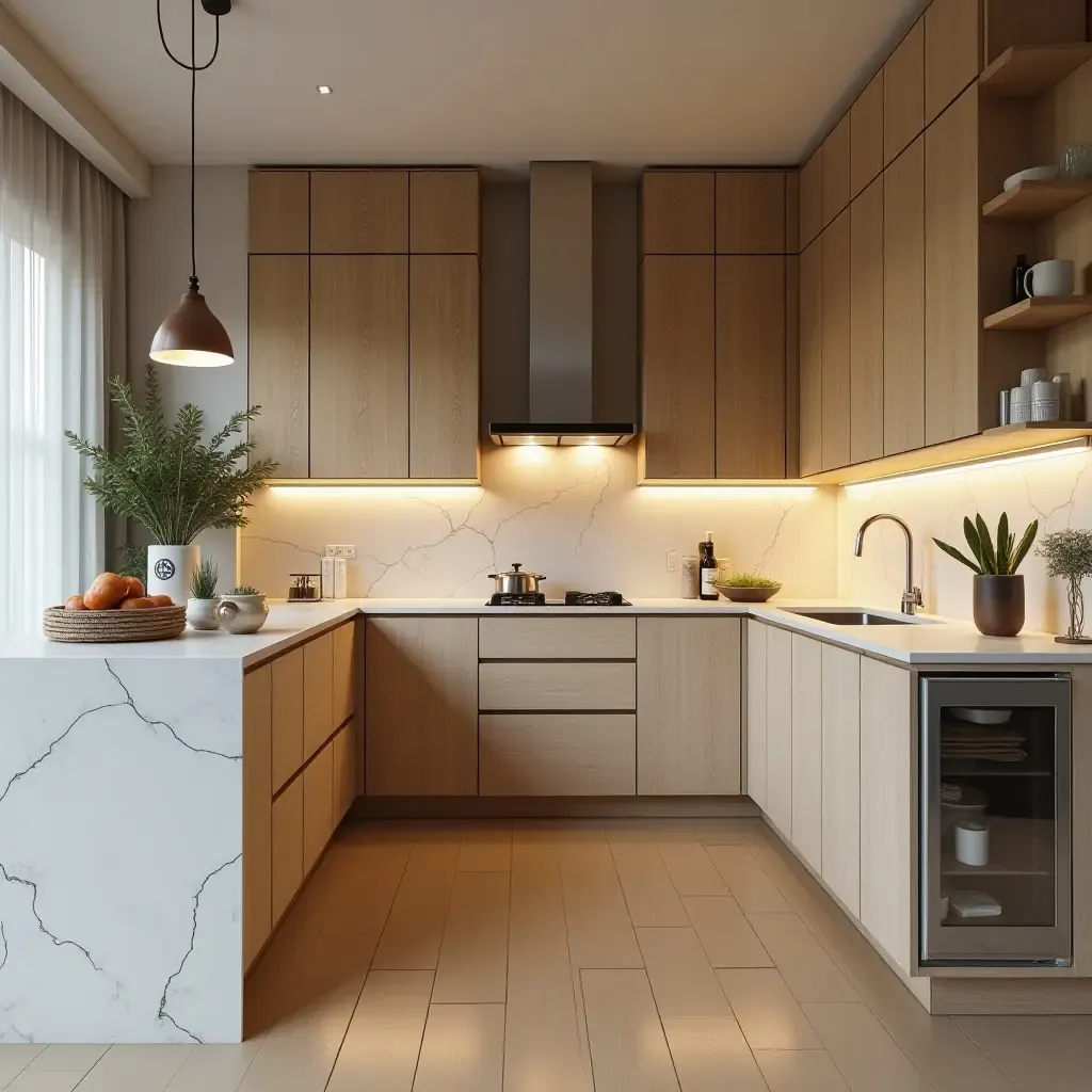 a photo of a kitchen with wooden accents and modern appliances