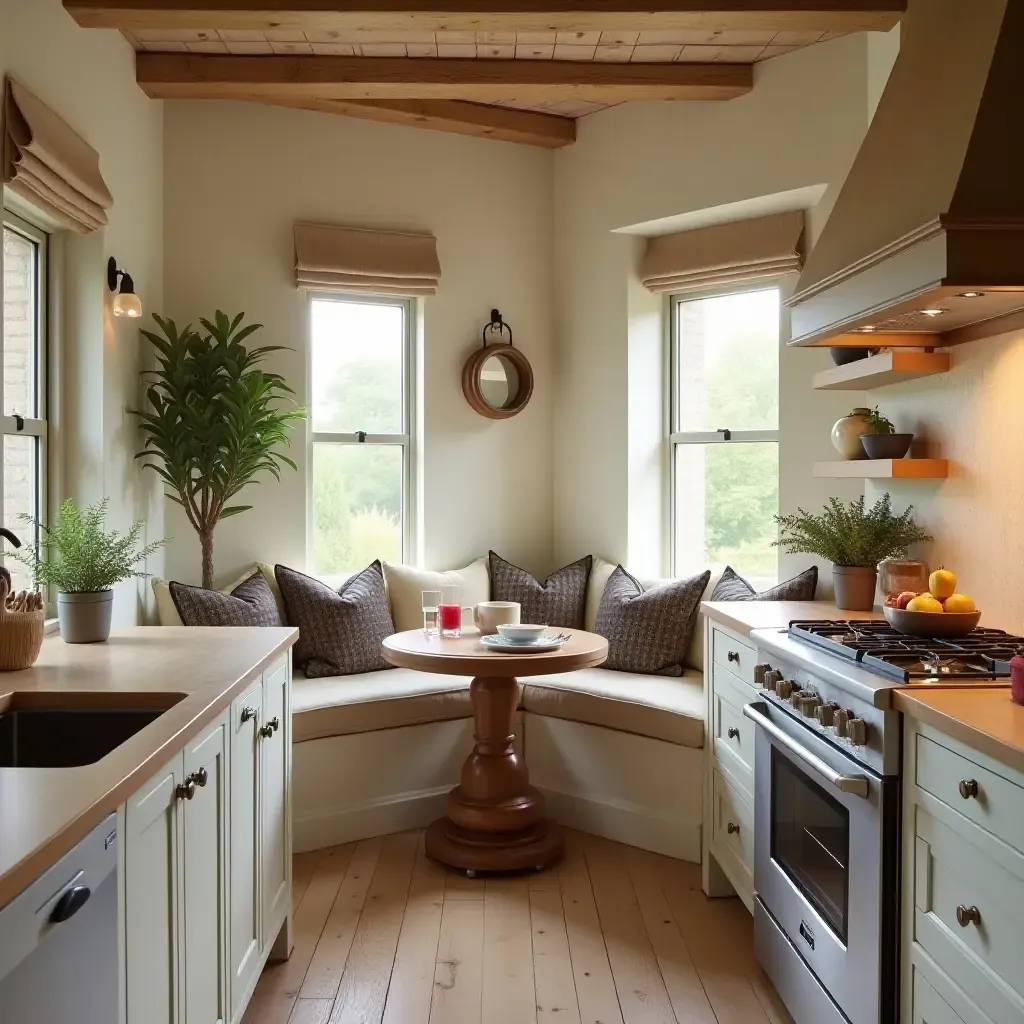 a photo of a cozy kitchen with a Mediterranean-inspired breakfast nook