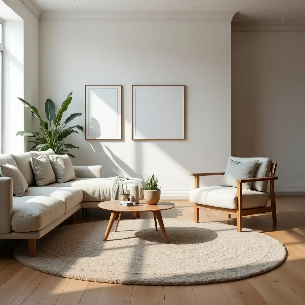 a photo of a living room with wooden flooring and a stylish area rug