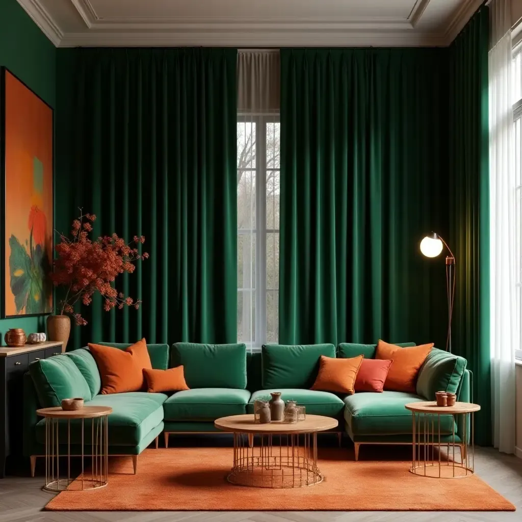 a photo of a luxurious living room with dark green velvet curtains and burnt orange decor items