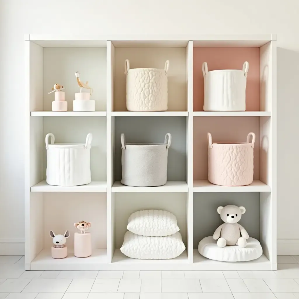 a photo of a stylish nursery shelving unit with soft pastel colors and decorative baskets