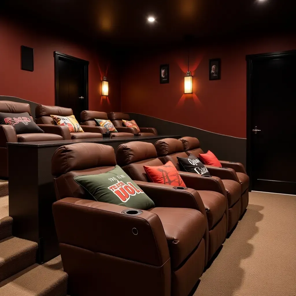 a photo of a basement movie theater with themed throw pillows on recliner chairs