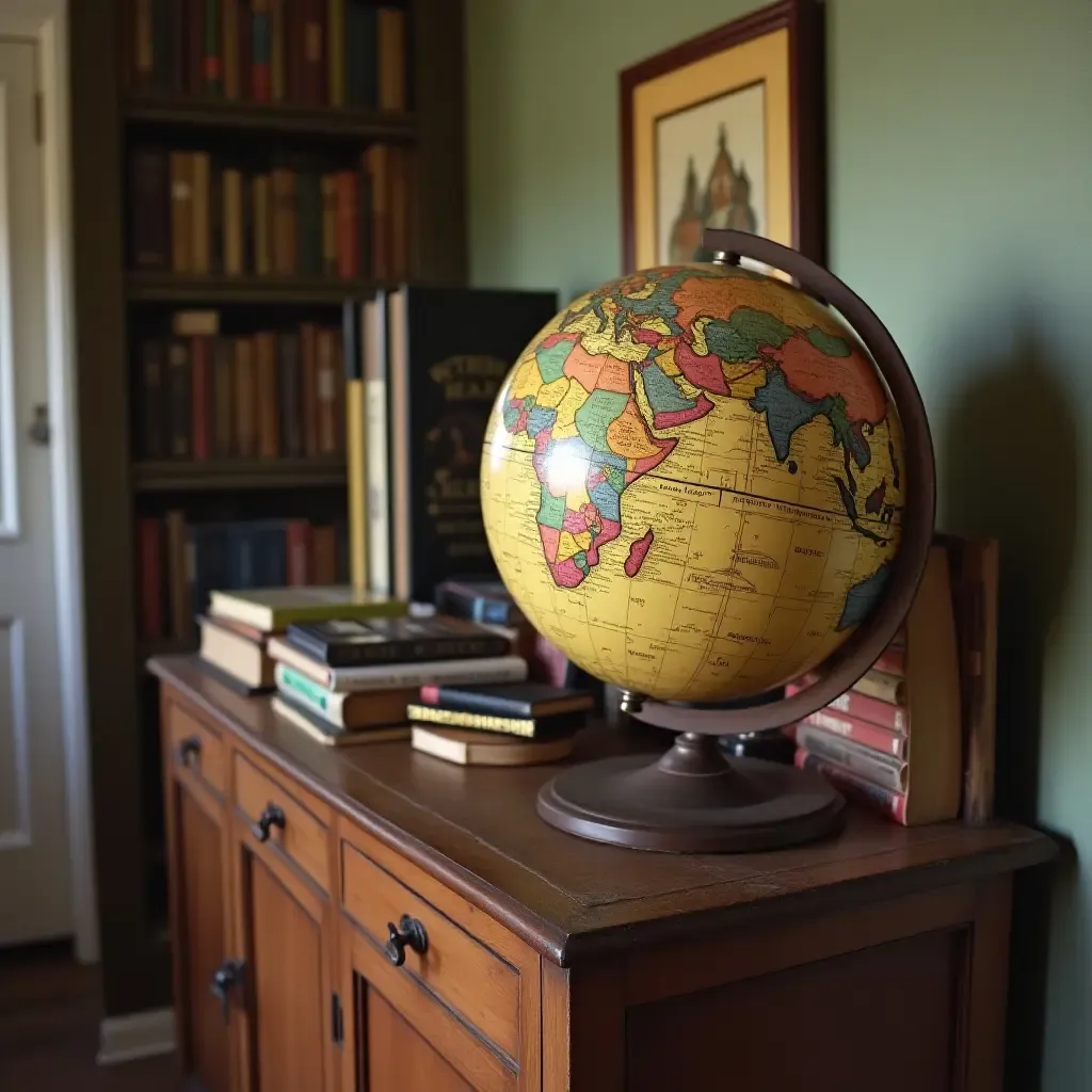 a photo of a vintage globe on a hallway table surrounded by books