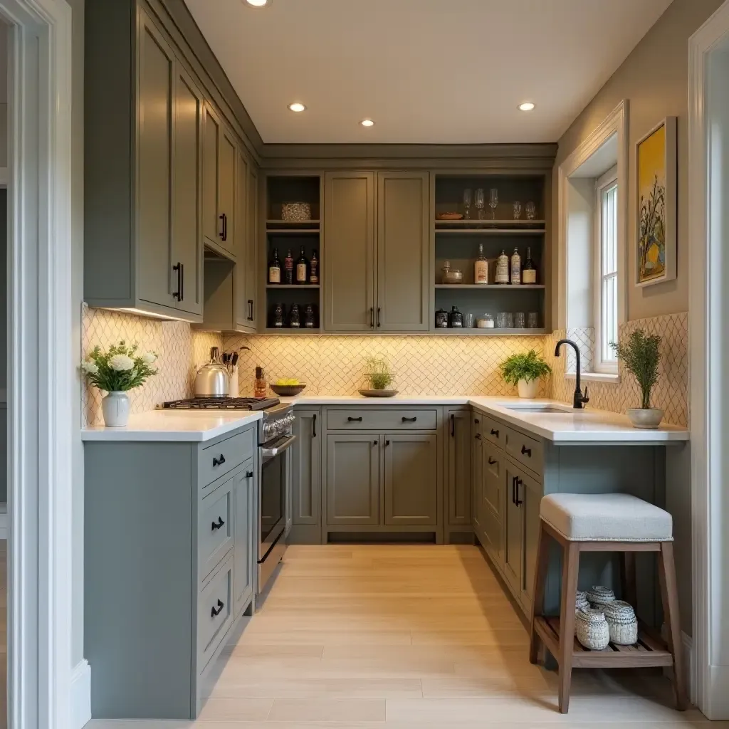 a photo of a butler&#x27;s pantry featuring a stylish bar area for entertaining