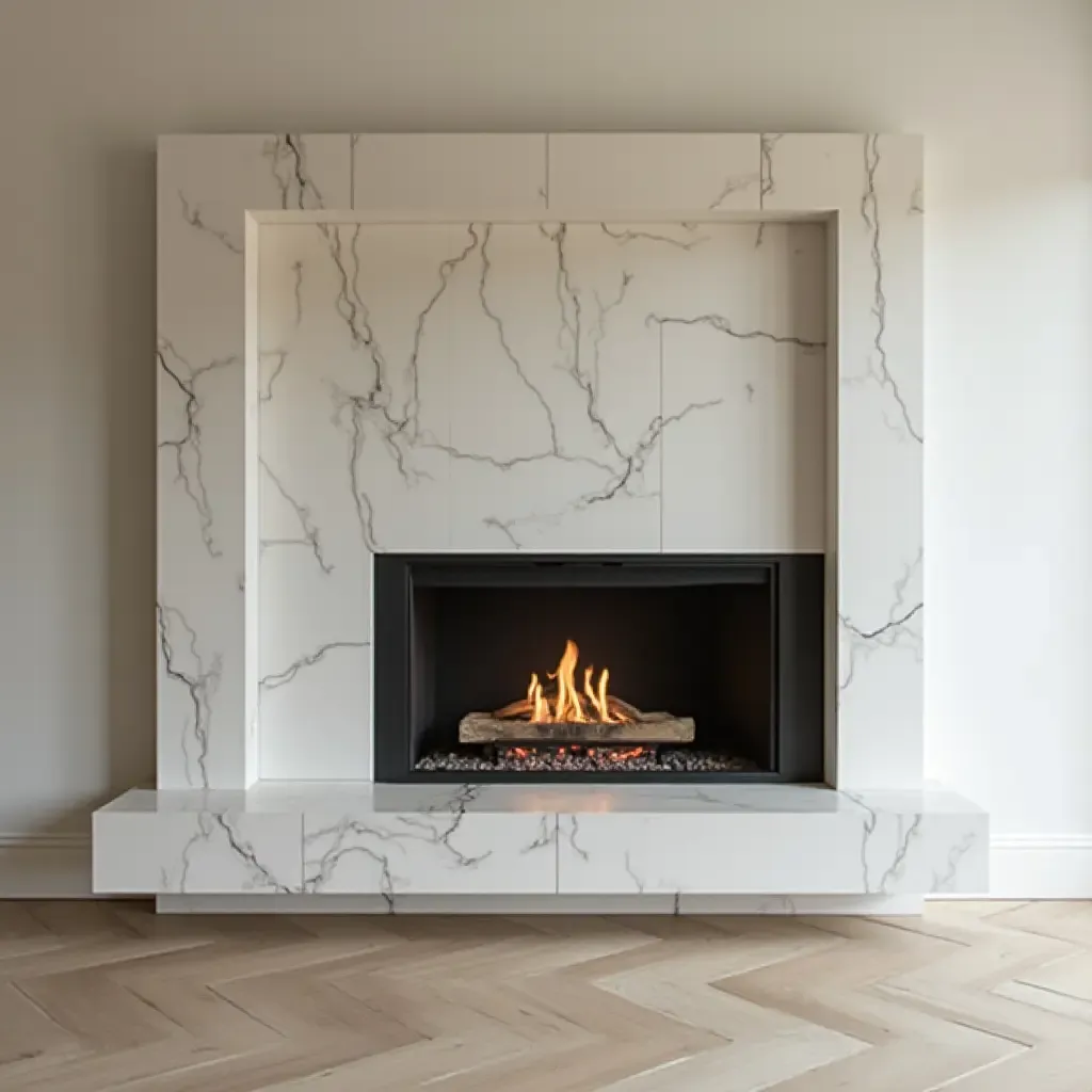 a photo of a contemporary fireplace surround with a unique asymmetrical design