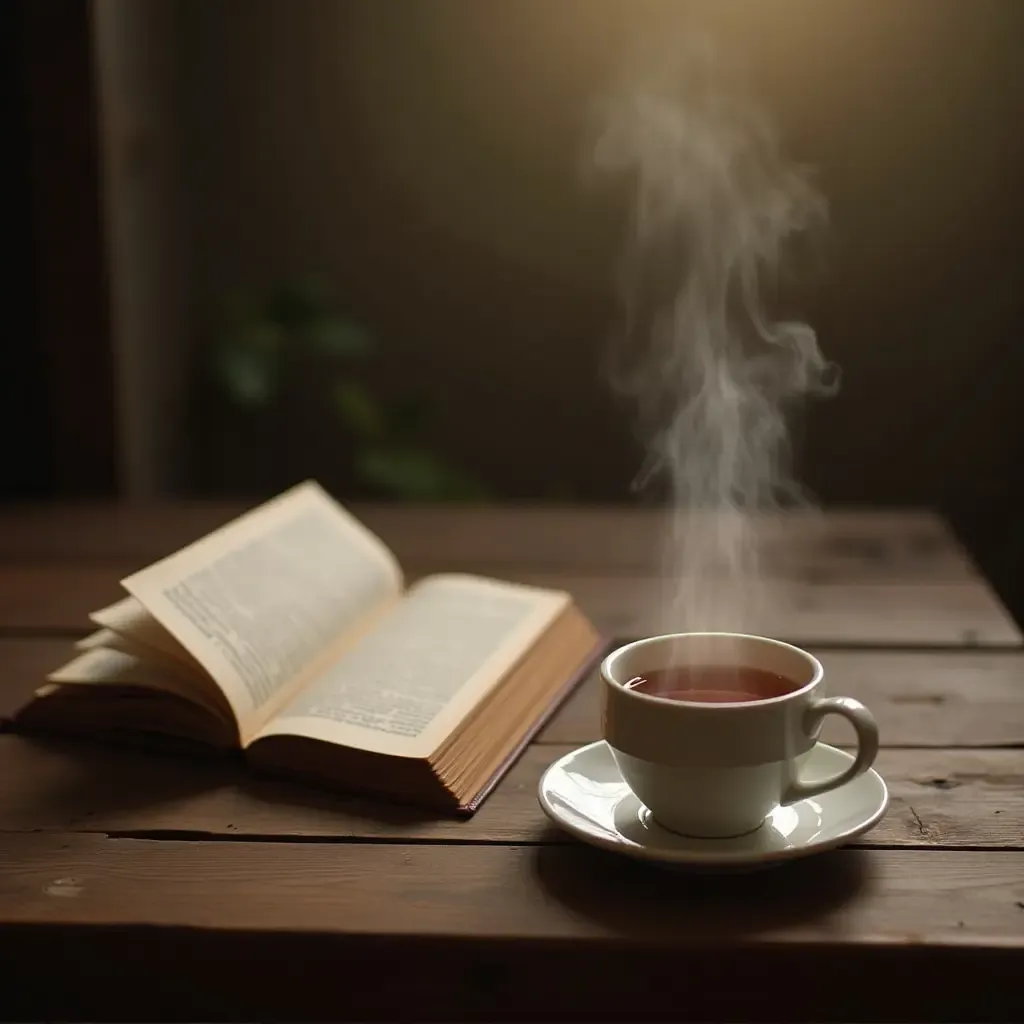 a photo of a rustic wooden table with an open book and a steaming cup of tea