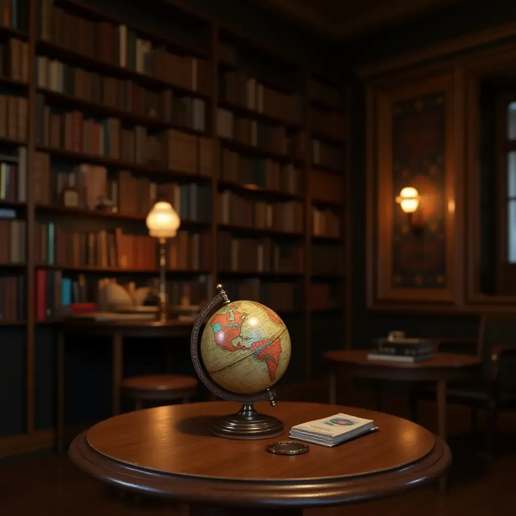 a photo of a library featuring an antique globe and warm lighting