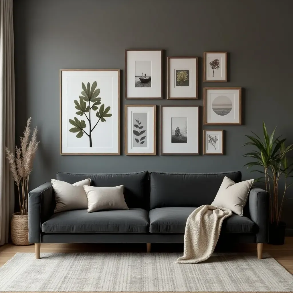 a photo of a dark grey couch with a gallery wall of framed art and photographs