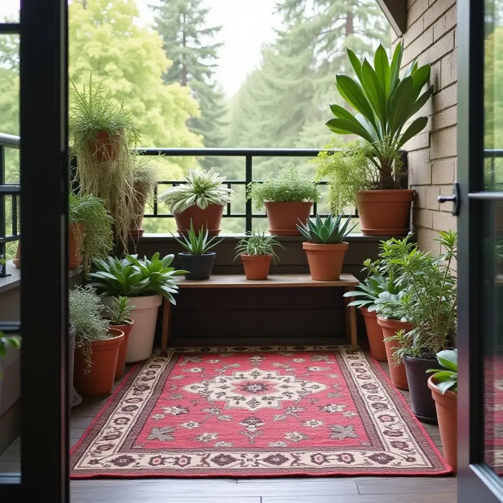 a photo of a balcony with a vintage rug and potted succulents