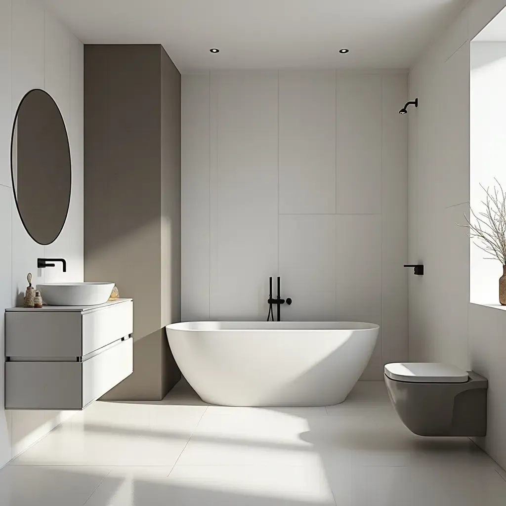 a photo of a bathroom with a monochromatic color scheme and sleek finishes