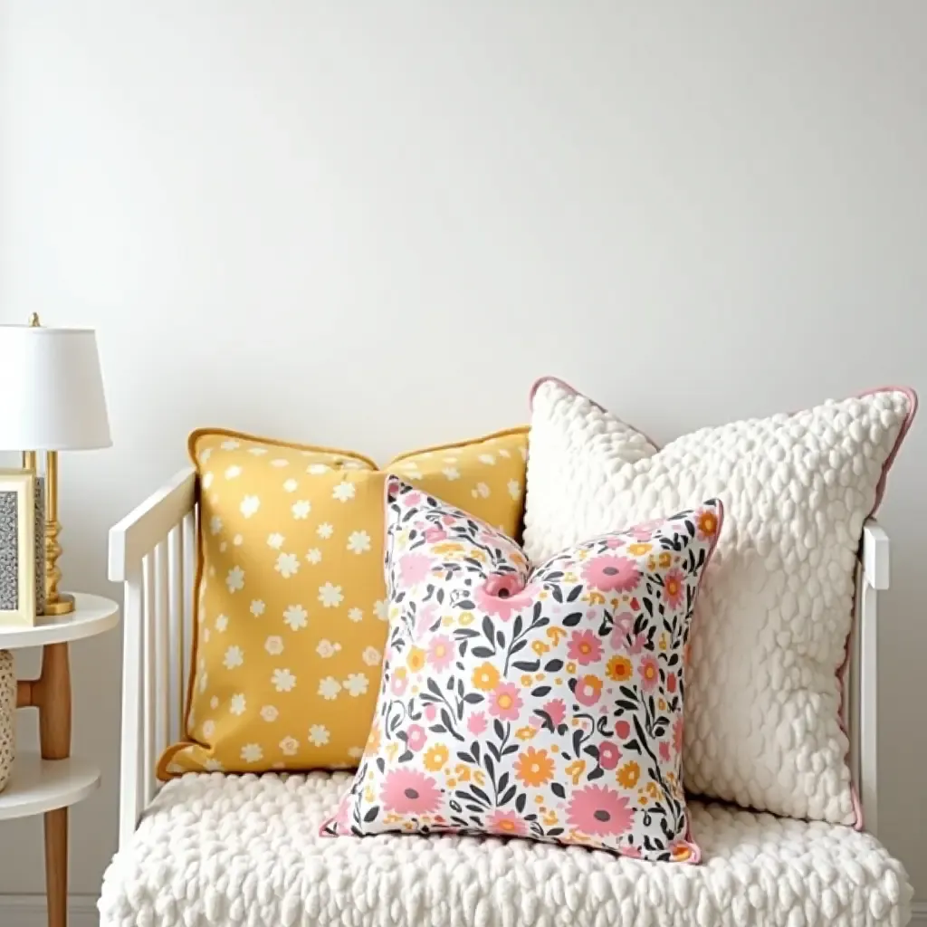 a photo of a bright nursery with cheerful floral throw pillows