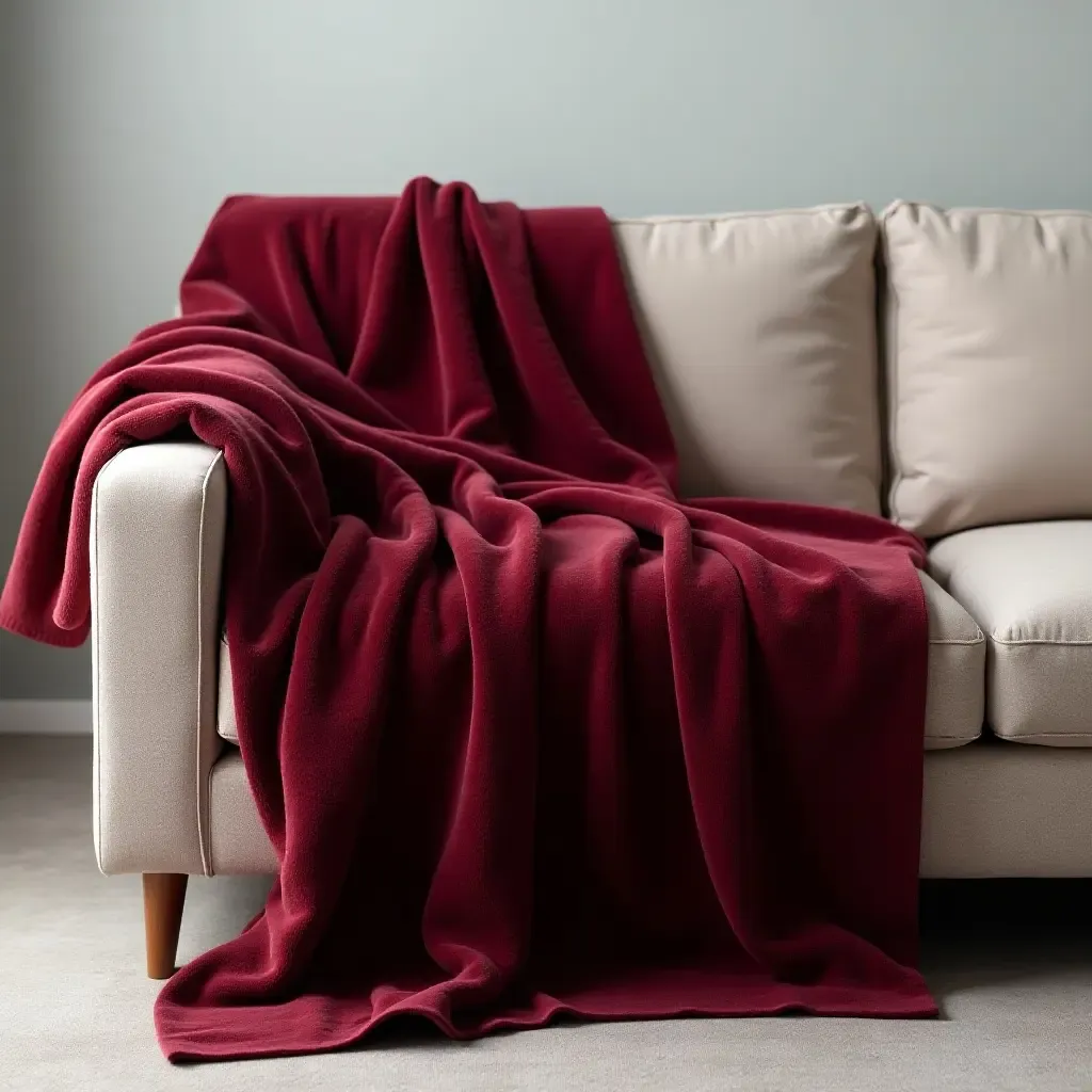 a photo of a luxurious burgundy throw blanket over a neutral sofa