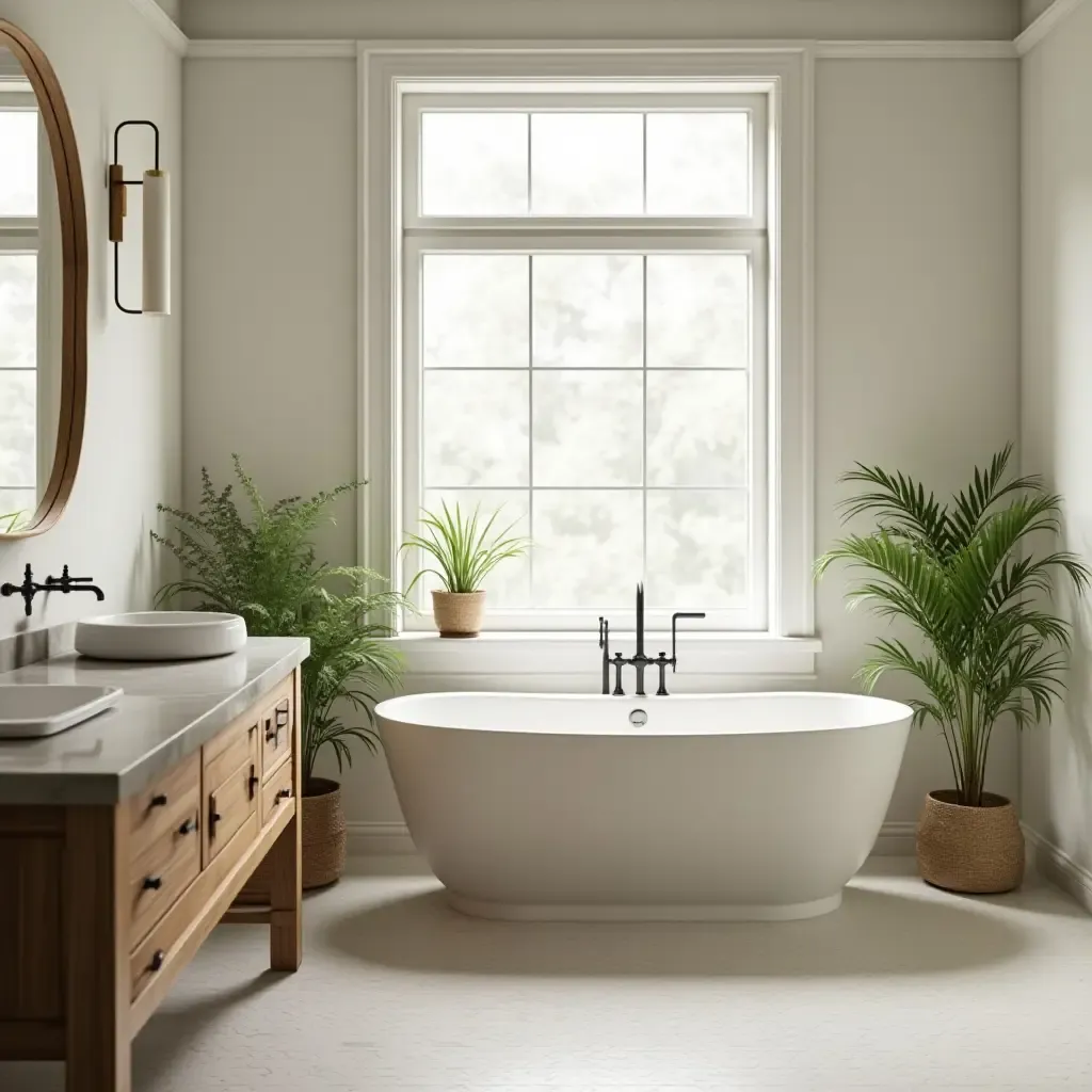 a photo of a serene bathroom featuring a wooden bench and potted plants