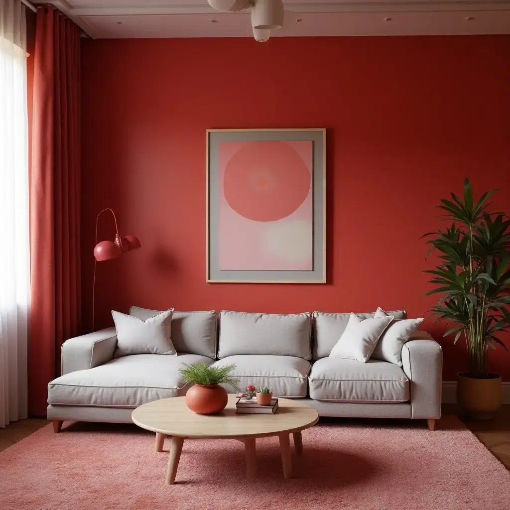 a photo of a vibrant living room with bold red and light gray