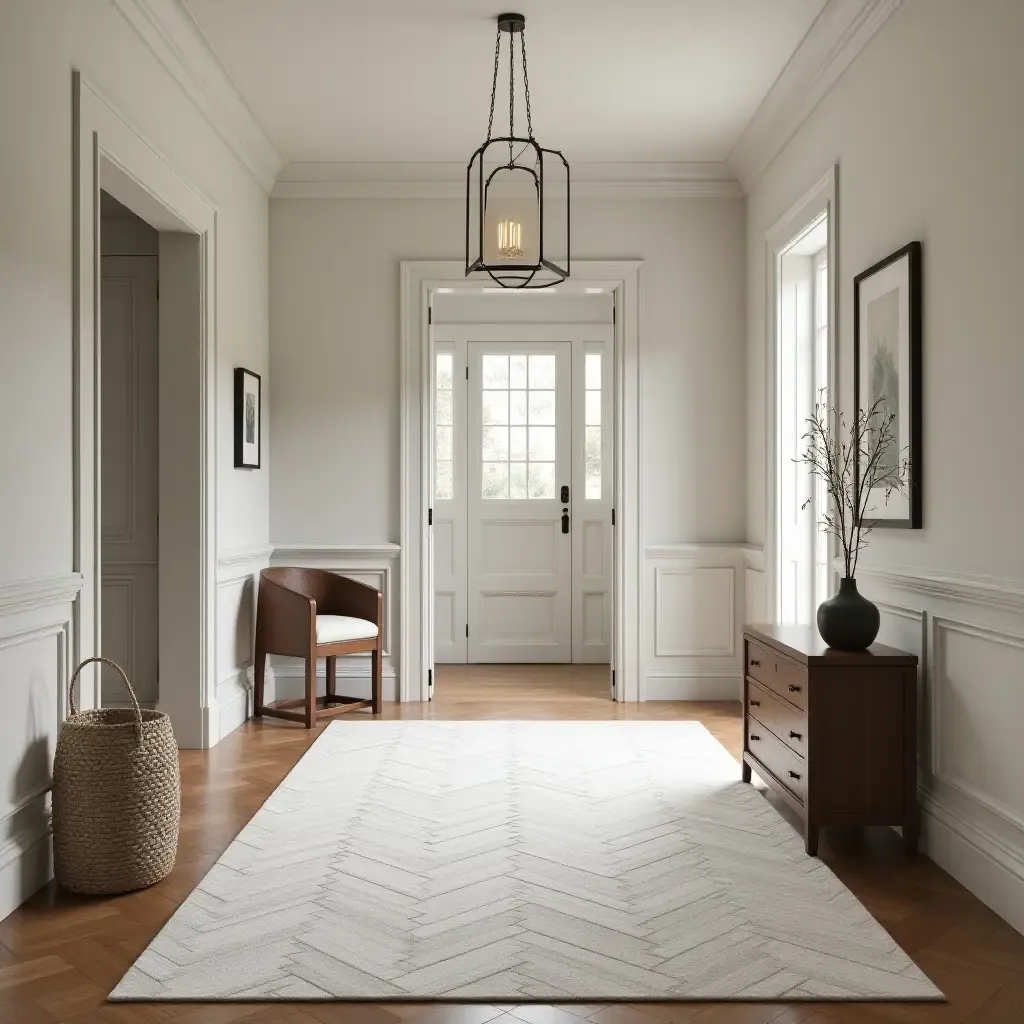 a photo of a classic herringbone rug in a sophisticated entrance hall