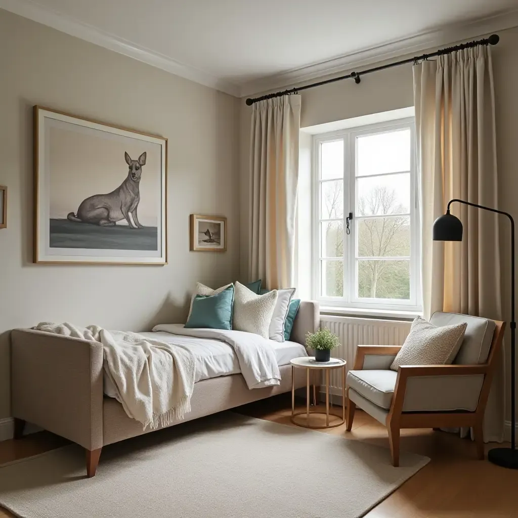 a photo of a shared bedroom featuring a corner seating area and a study nook