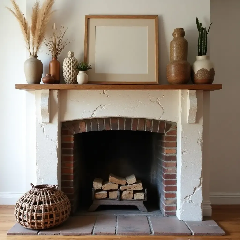 a photo of a bohemian fireplace mantel with eclectic decor pieces