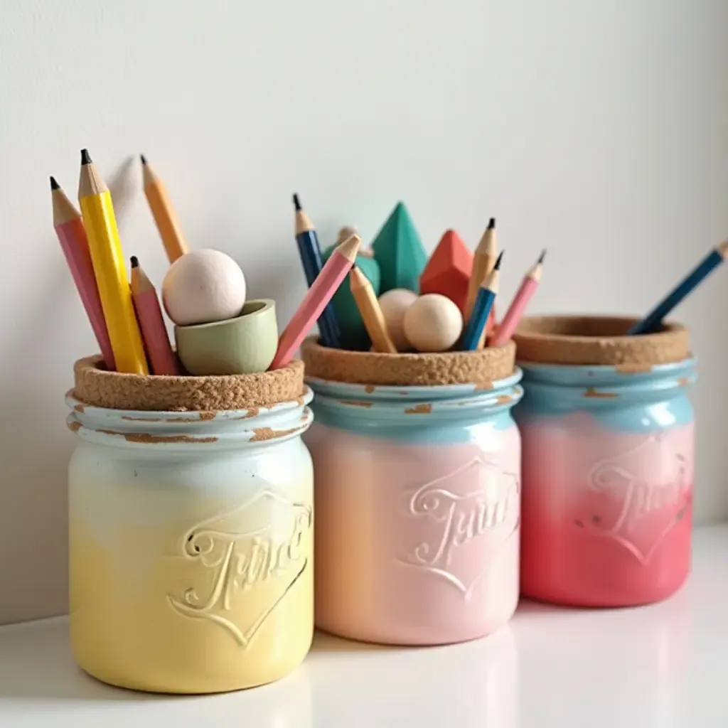 a photo of a creative storage solution using painted mason jars for toys