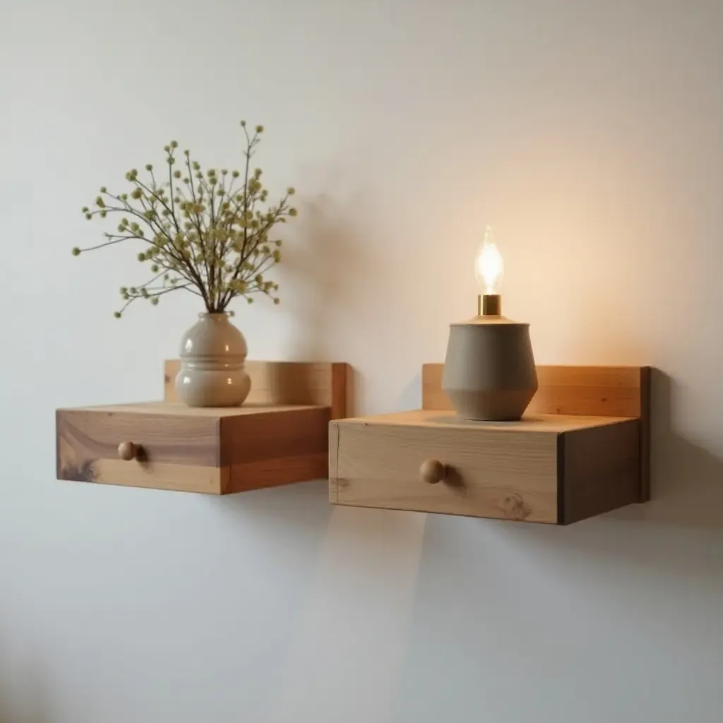 a photo of wall-mounted bedside tables made from reclaimed wood