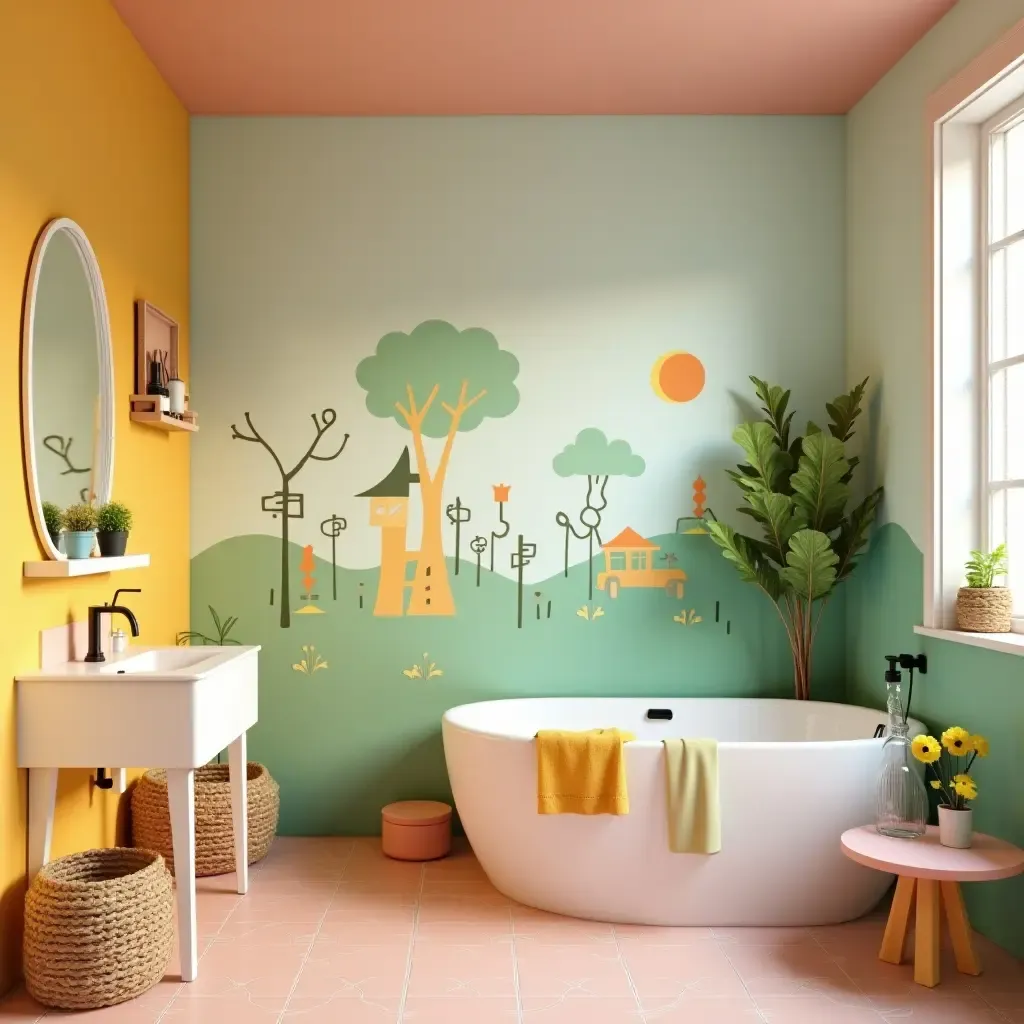 a photo of a playful bathroom for kids with vibrant colors and fun decor