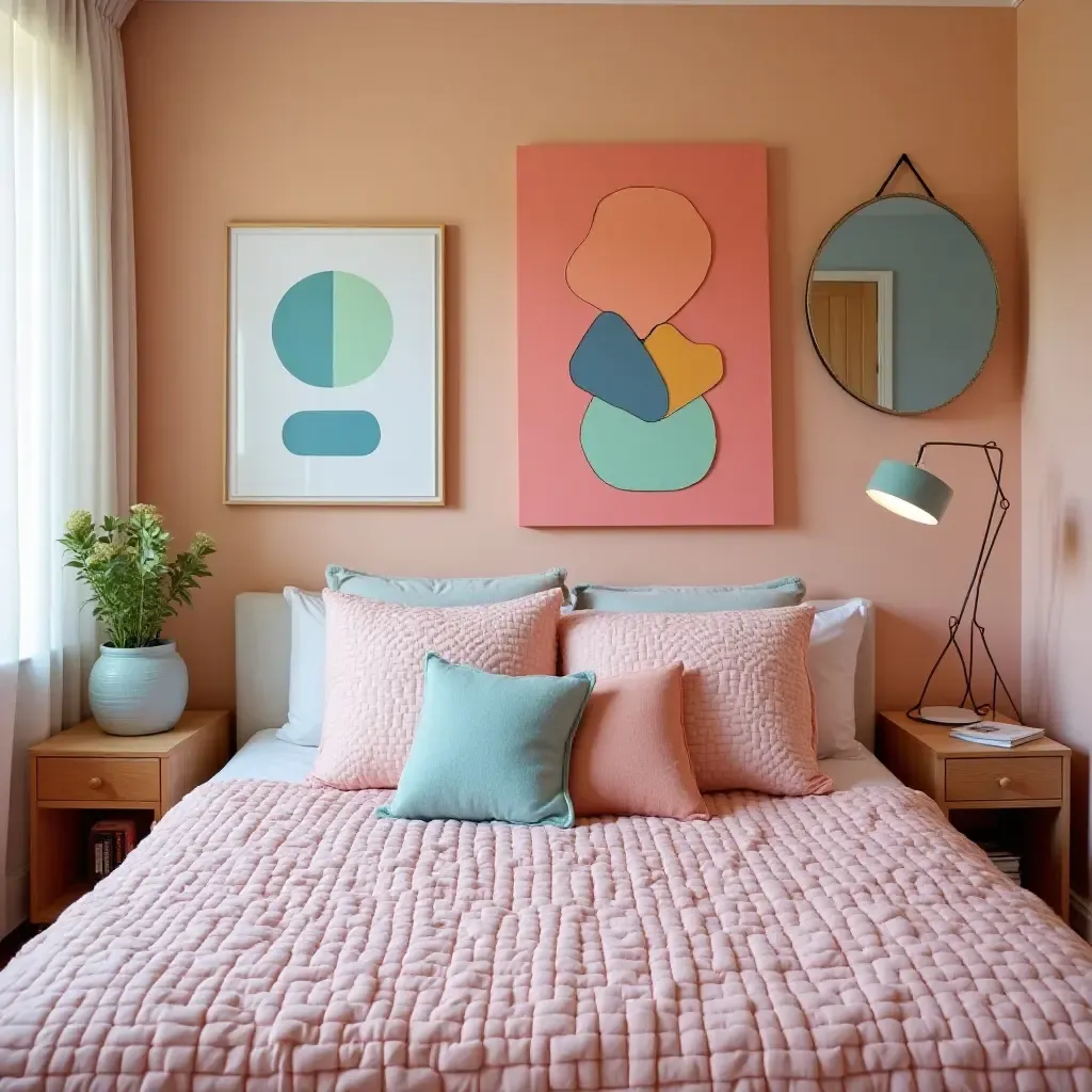 a photo of a playful bedroom with colorful mirrors and bright artwork