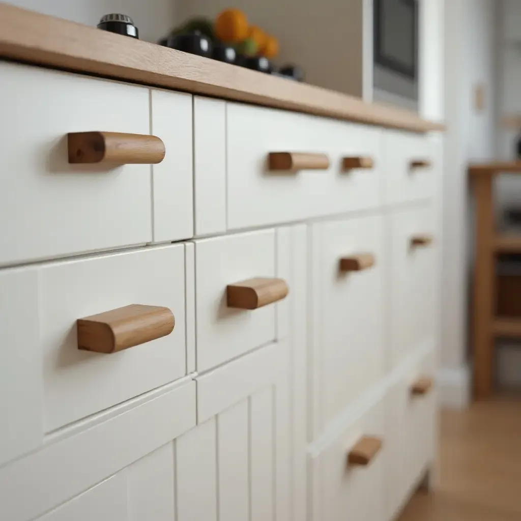 a photo of a kitchen with wooden drawer pulls and handles