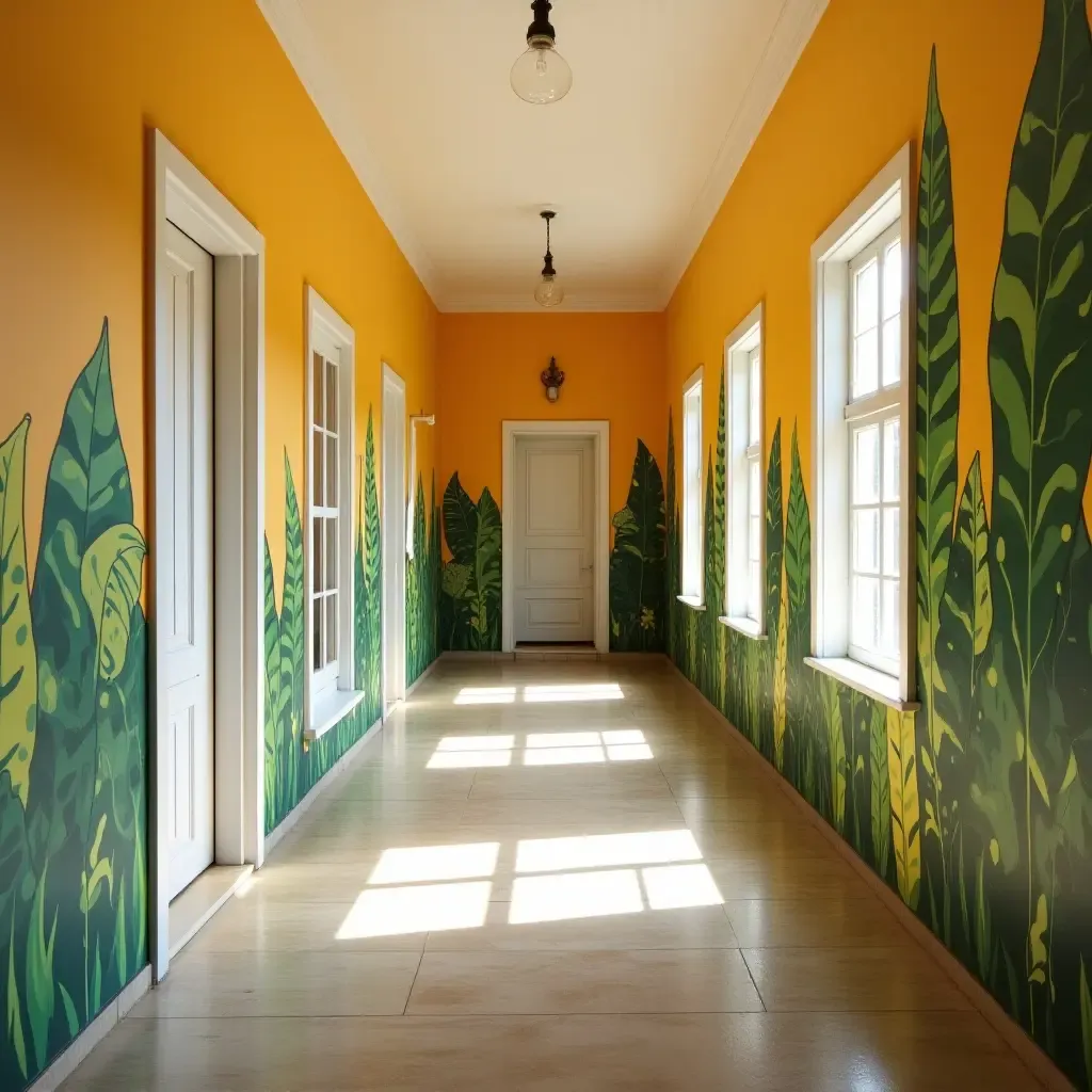 a photo of a bright corridor with a colorful plant mural