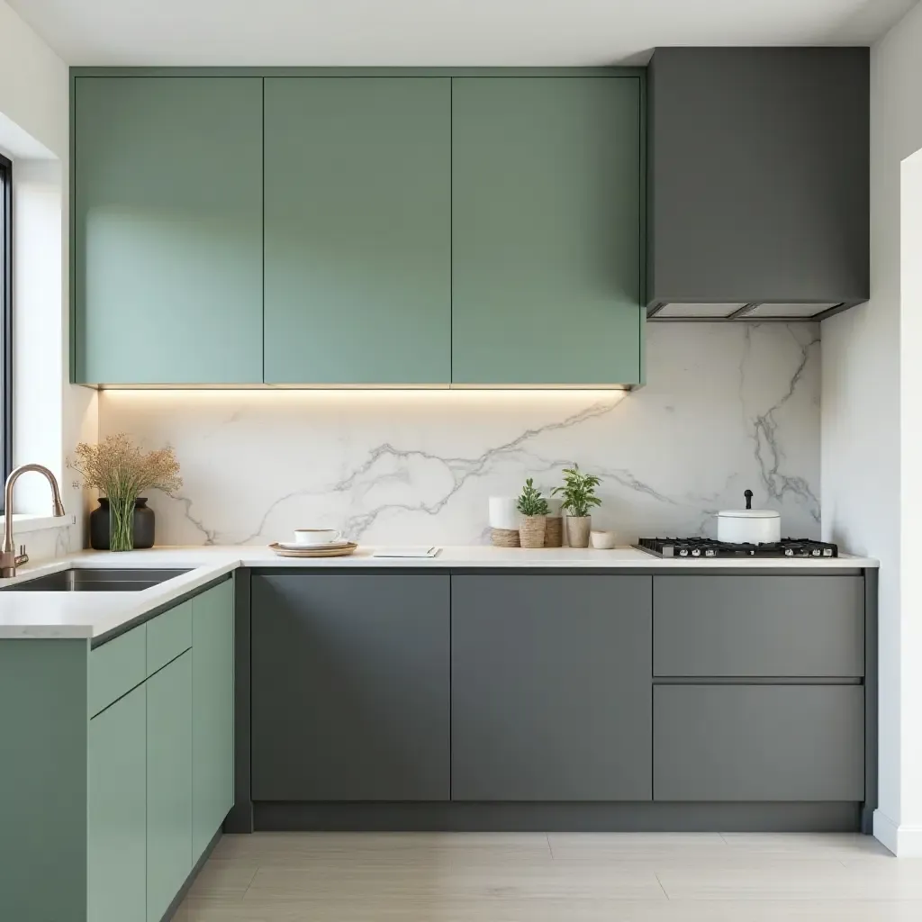 a photo of mint green and charcoal gray cabinets in a modern kitchen