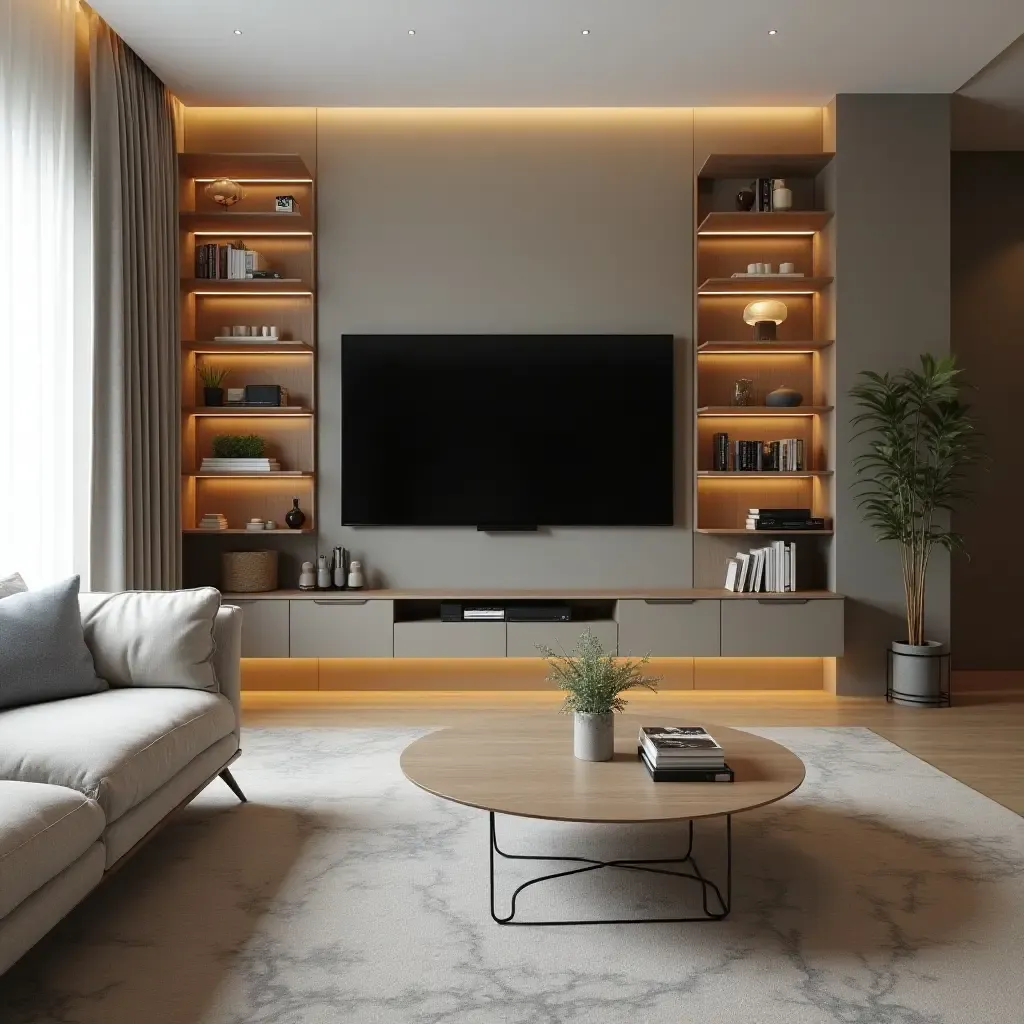 a photo of a stylish small living room with a corner TV unit and multi-functional furniture