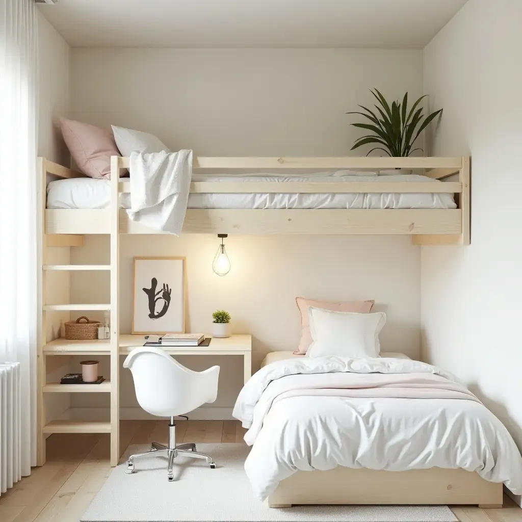 a photo of a loft bed with a beach-themed decor and light colors