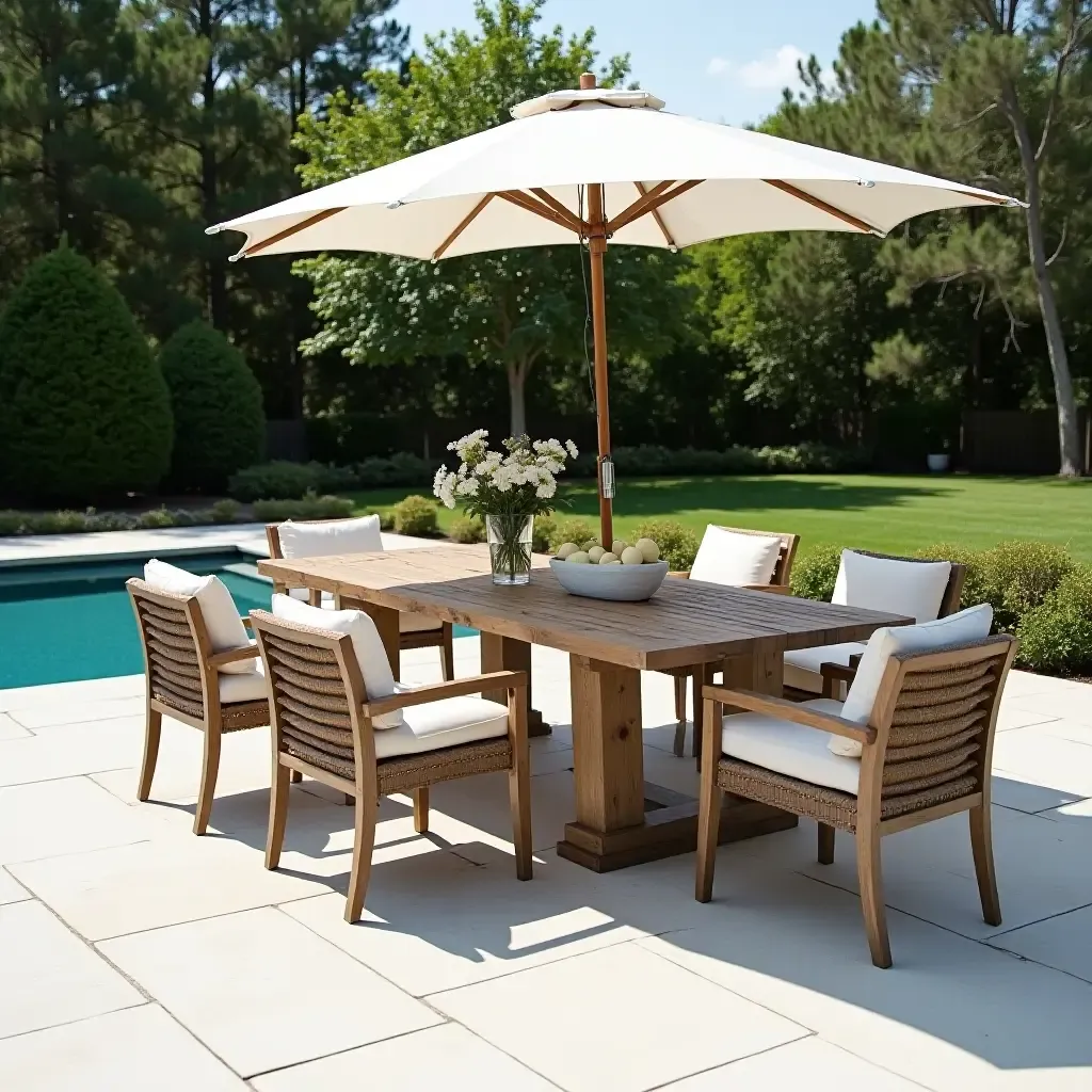 a photo of a charming outdoor area by the pool with a farmhouse-style dining set