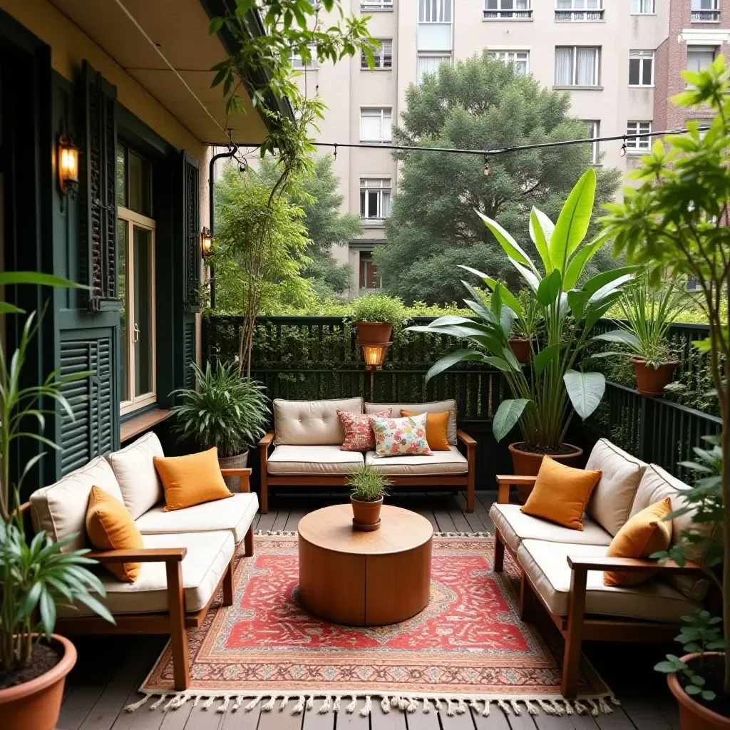 a photo of a bohemian balcony with eclectic furniture and lush greenery