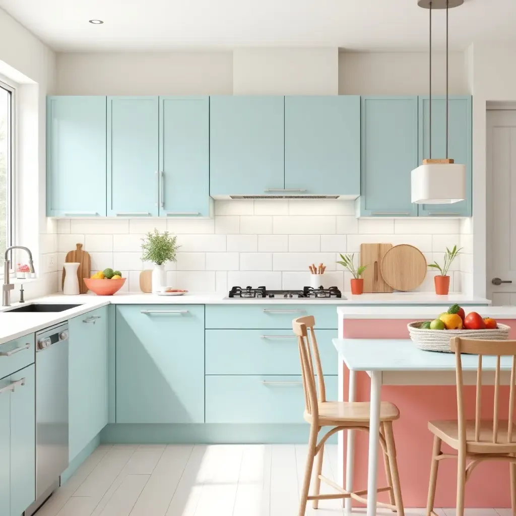 a photo of a bright coral and light blue kitchen with cheerful decor