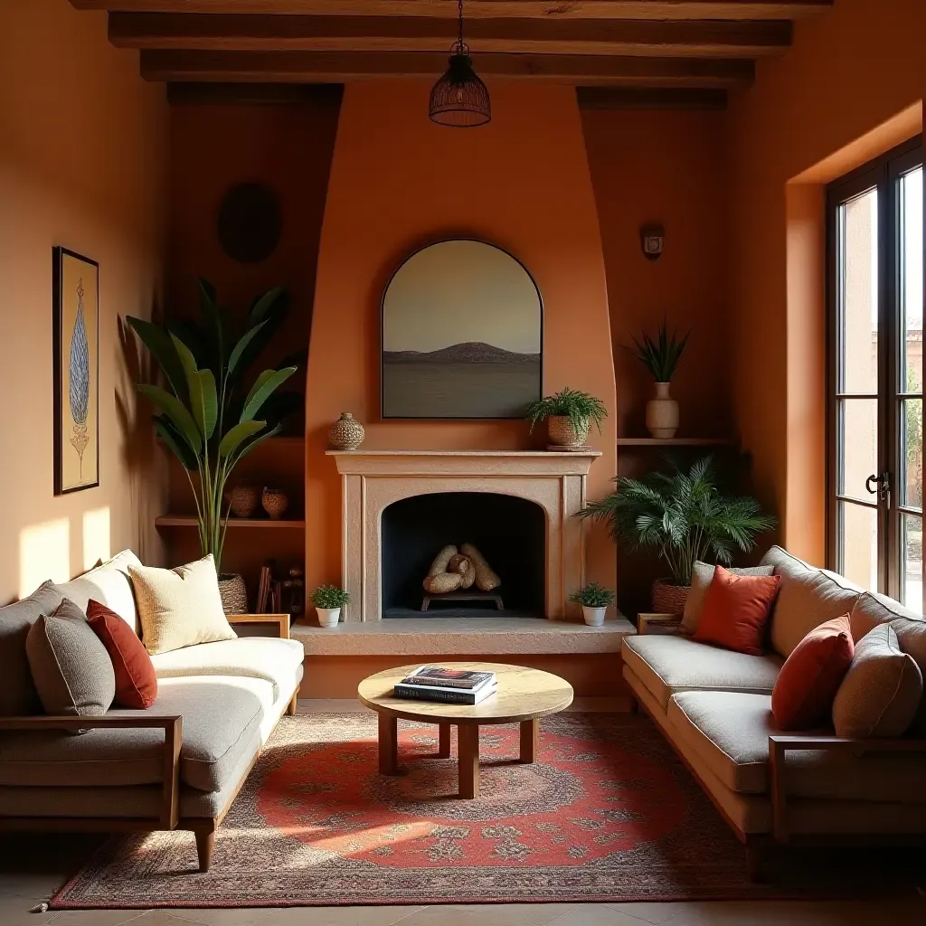 a photo of a cozy reading space with Mediterranean textiles and warm lighting