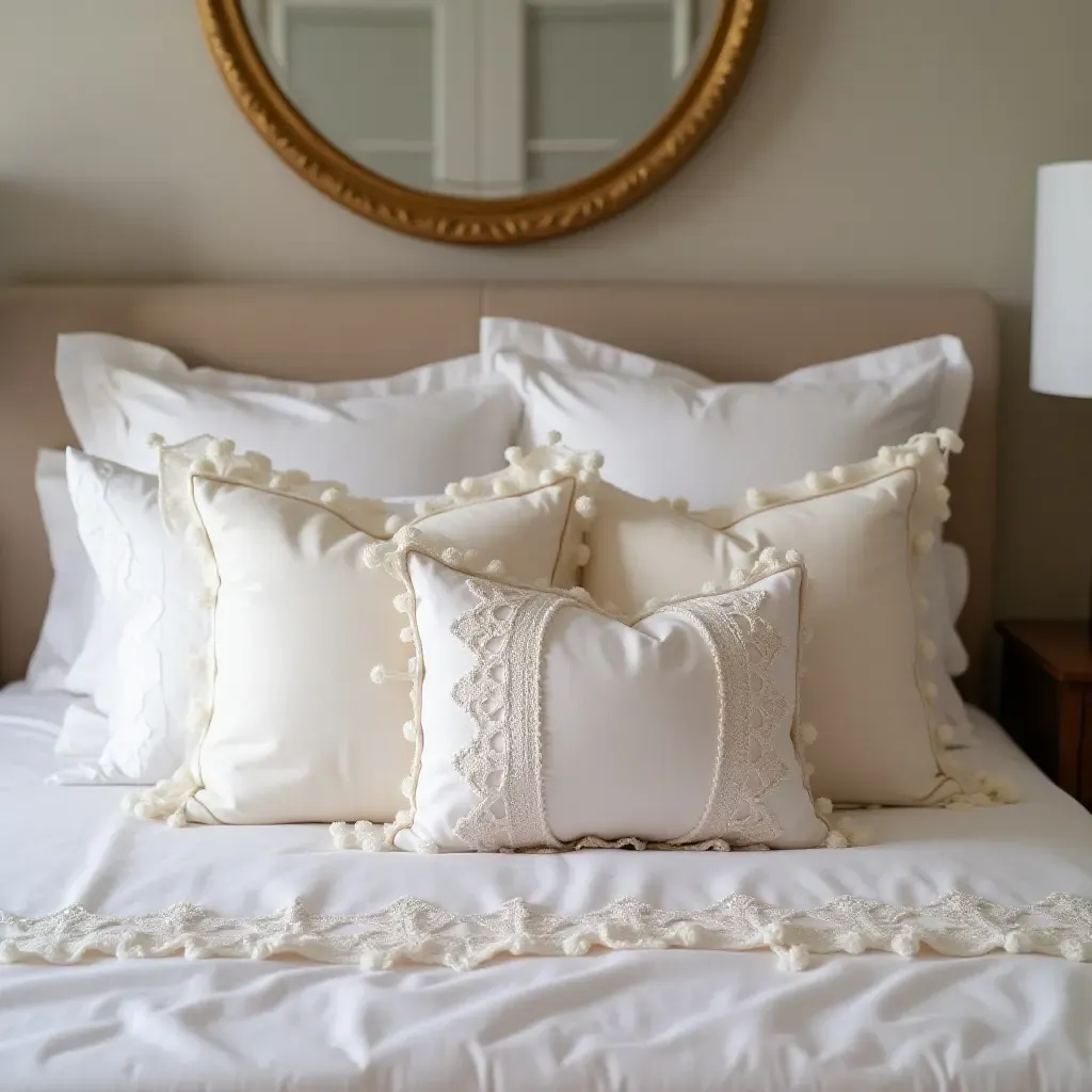 a photo of a romantic bedroom with lace-trimmed throw pillows