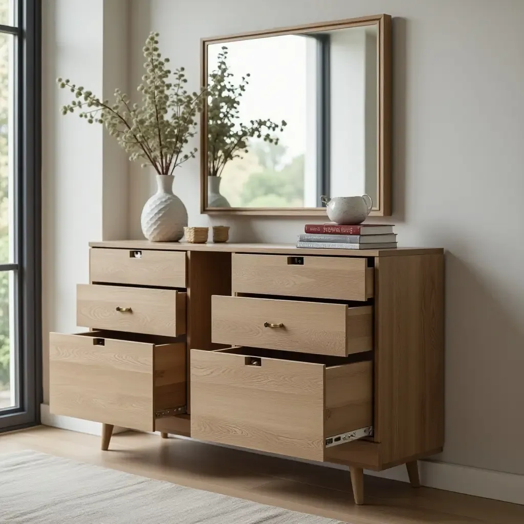 a photo of a trendy dresser with open storage for accessories