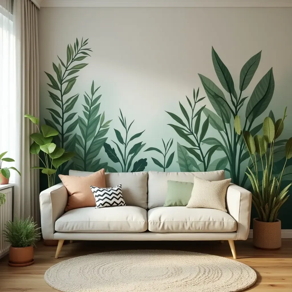 a photo of a living room with a plant-themed mural