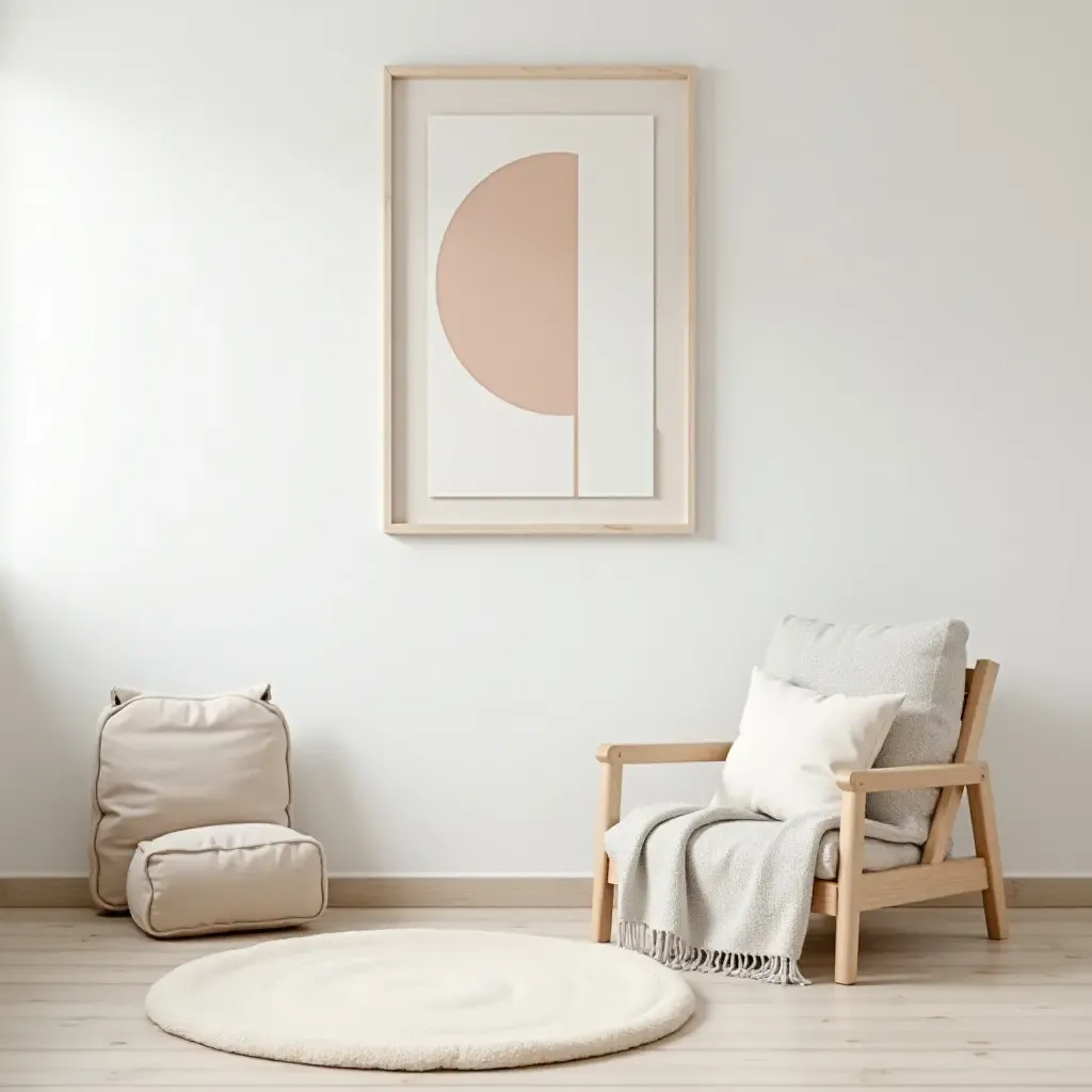 a photo of a minimalist bedroom for kids with geometric wall art and a soft rug