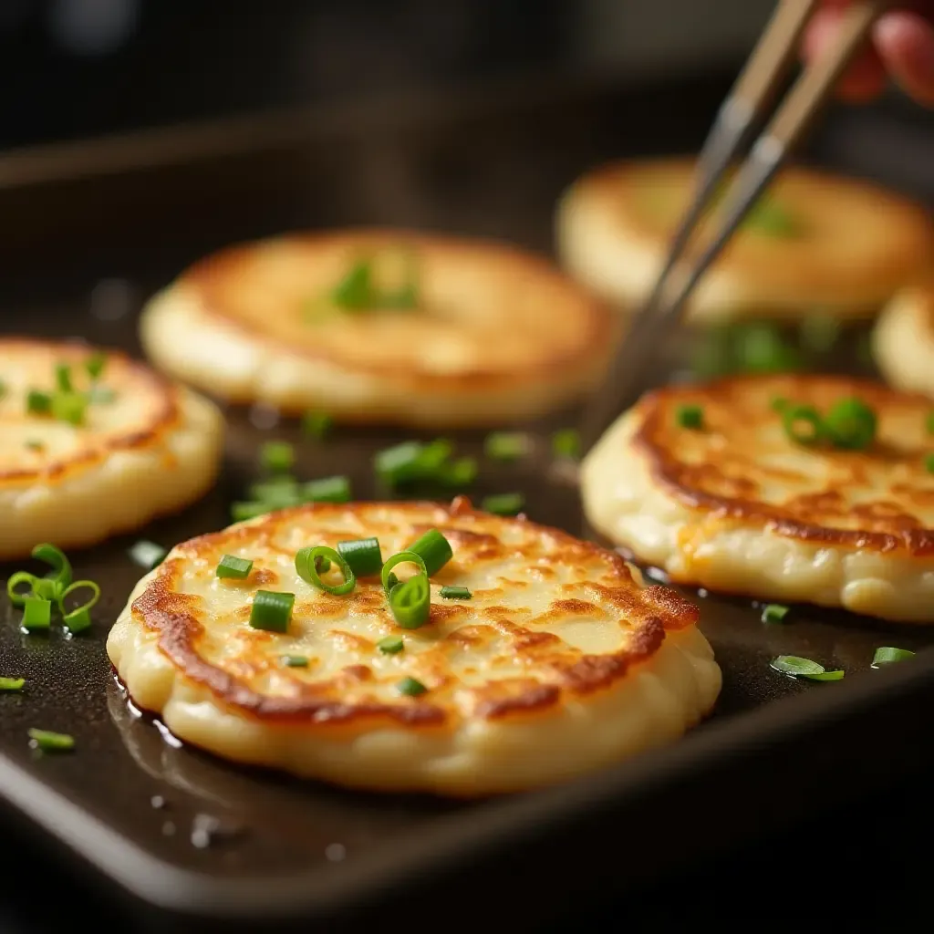 a photo of sizzling scallion pancakes being cooked on a hot griddle, garnished with herbs.