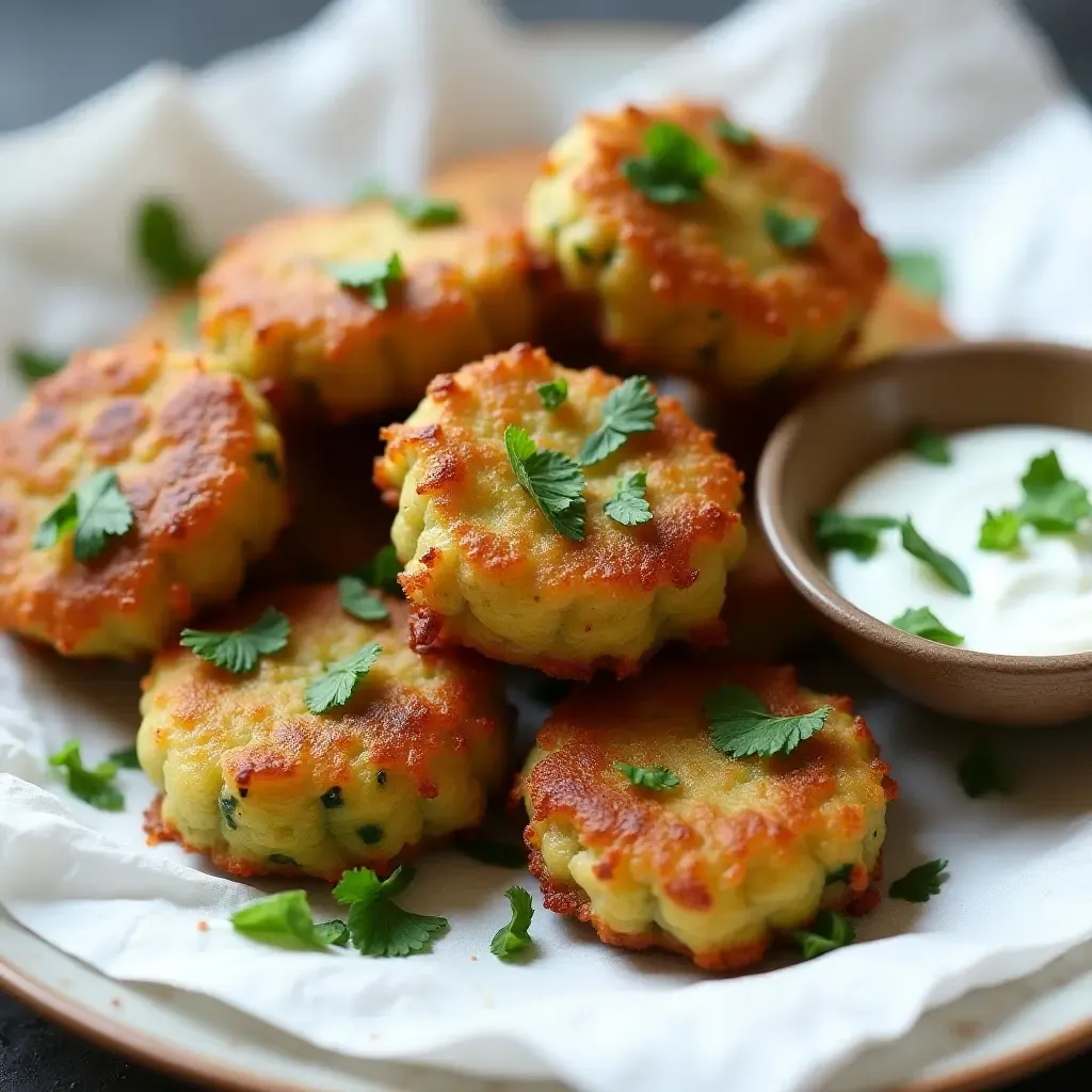 a photo of kolokithokeftedes, crispy zucchini fritters, garnished with mint and tzatziki sauce.