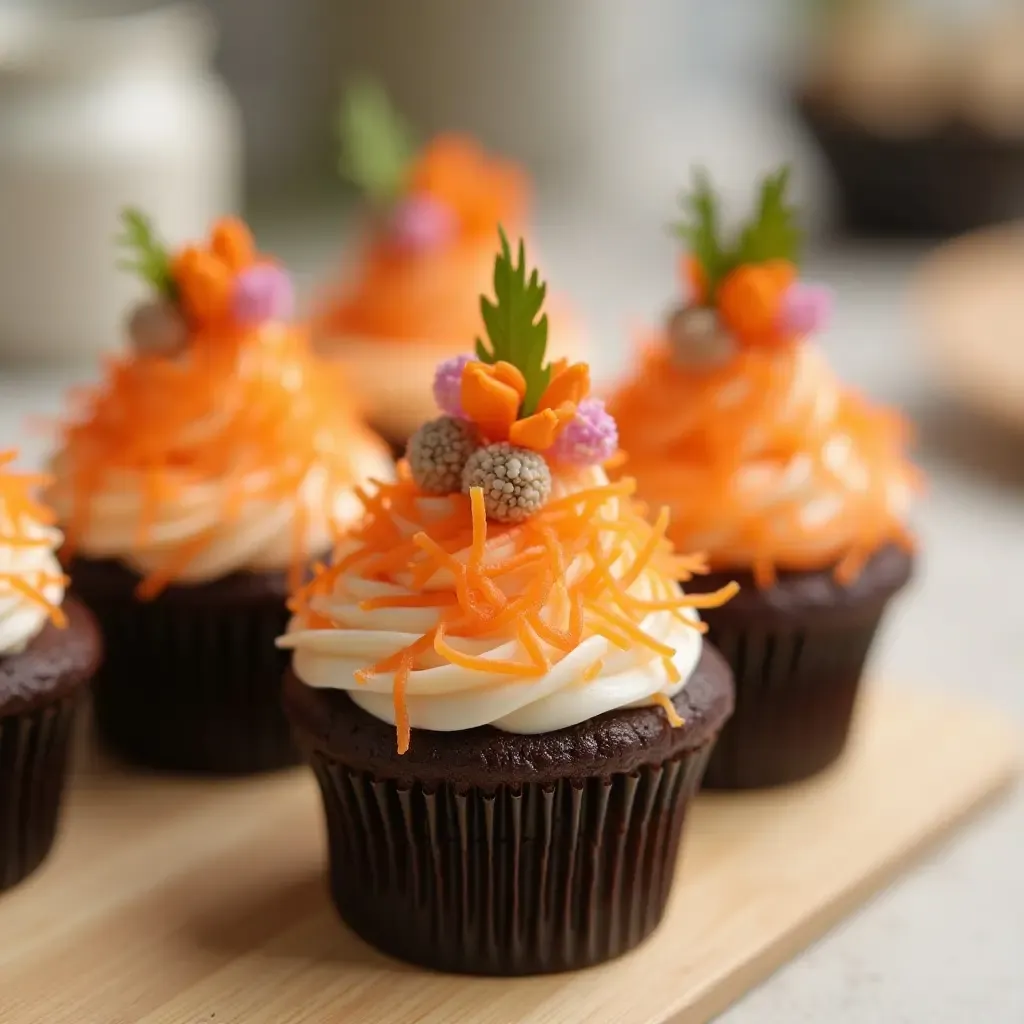 a photo of sushi cupcakes decorated with fish roe, seaweed, and edible flowers.