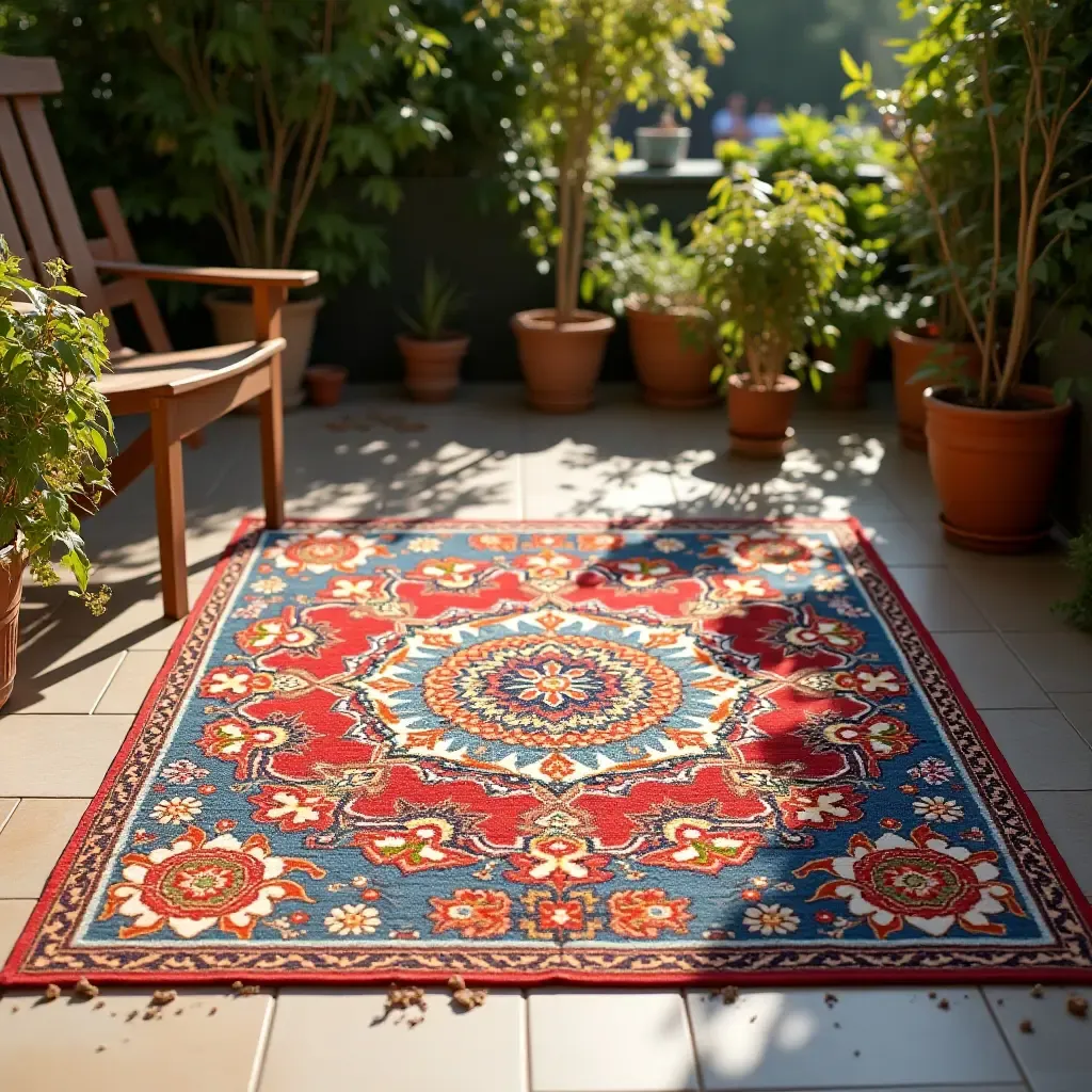 a photo of a colorful mandala rug on a sunlit patio