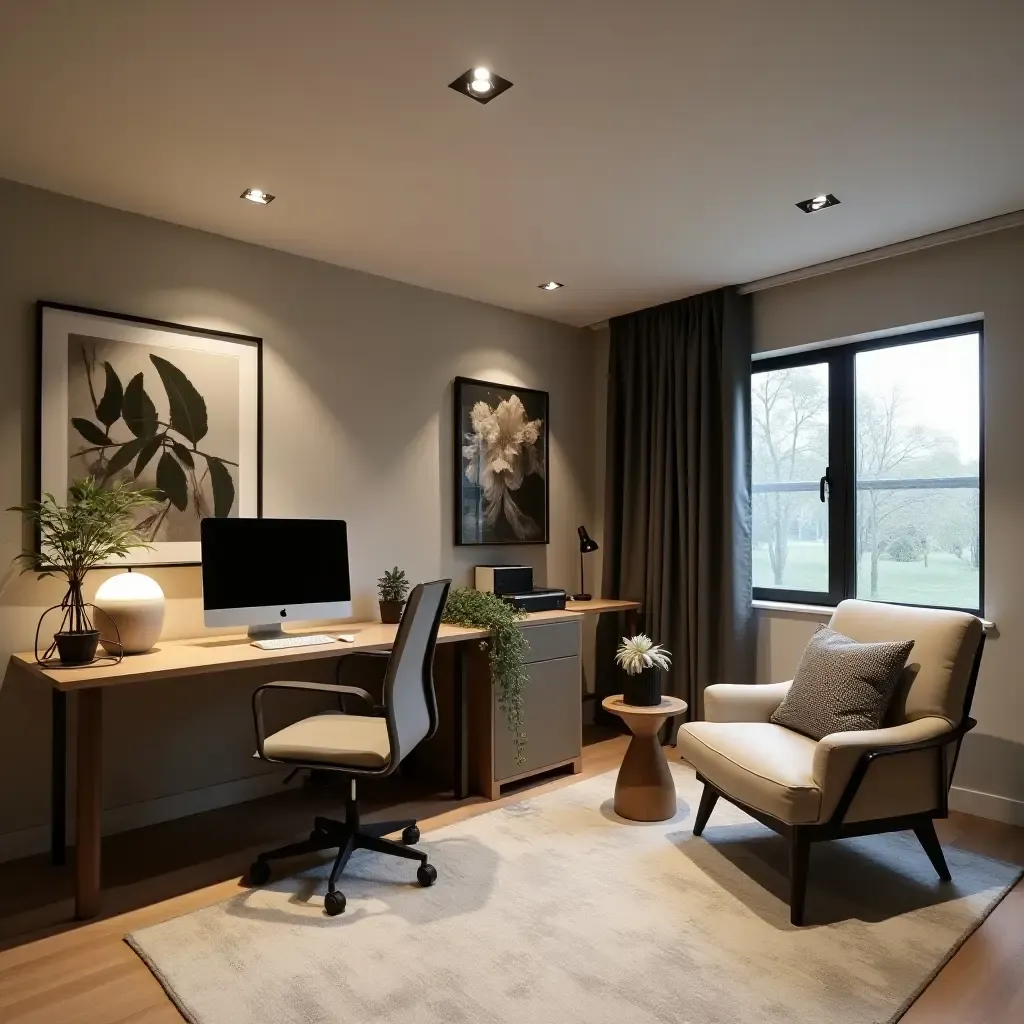 a photo of a small basement office with modern furniture