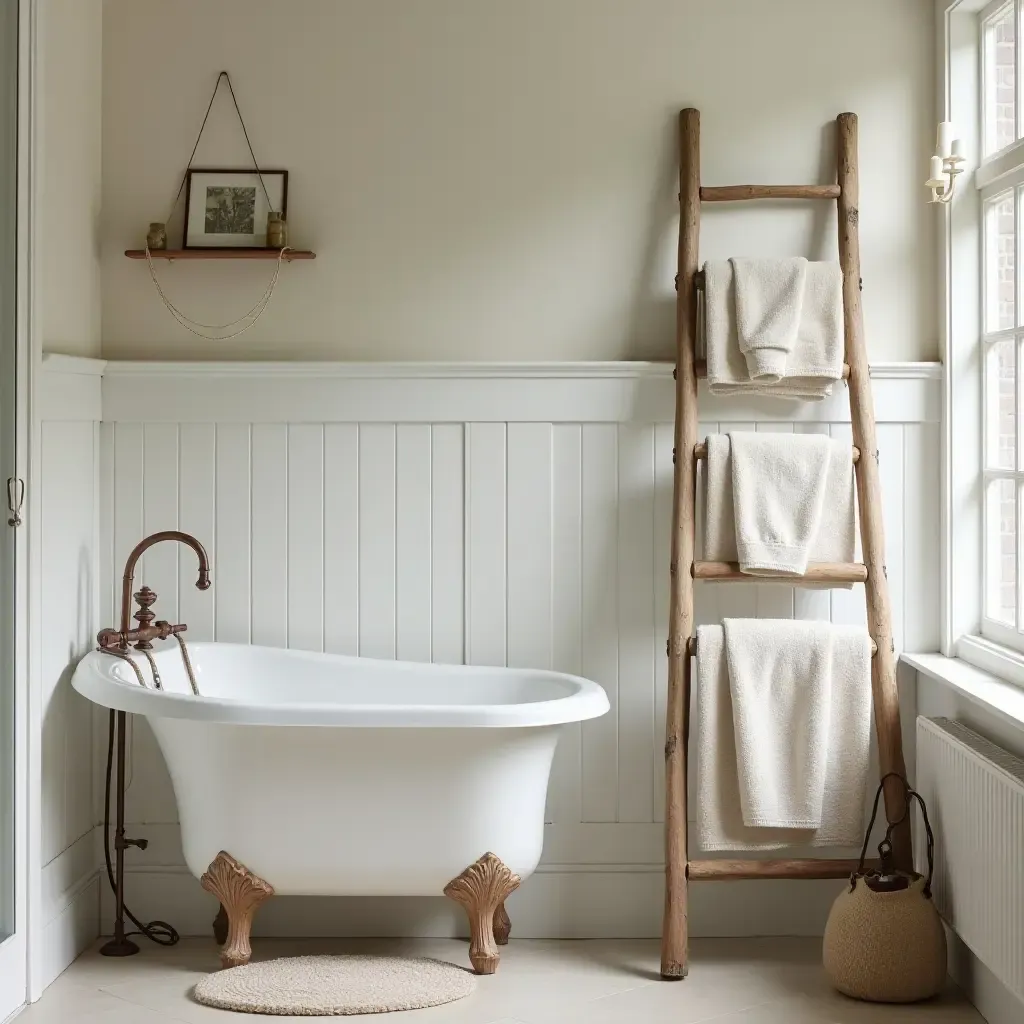 a photo of a vintage bathroom with a decorative ladder for towels