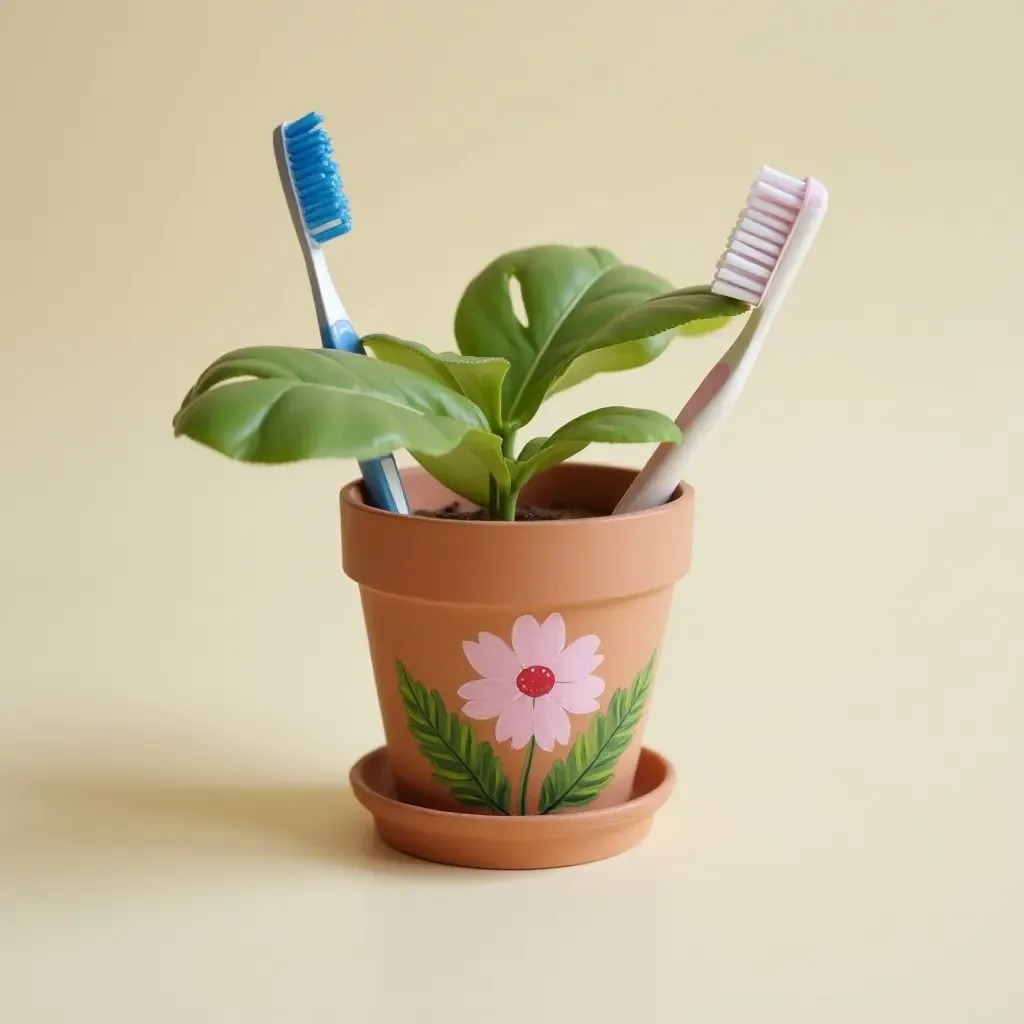 a photo of a painted flower pot used as a toothbrush holder