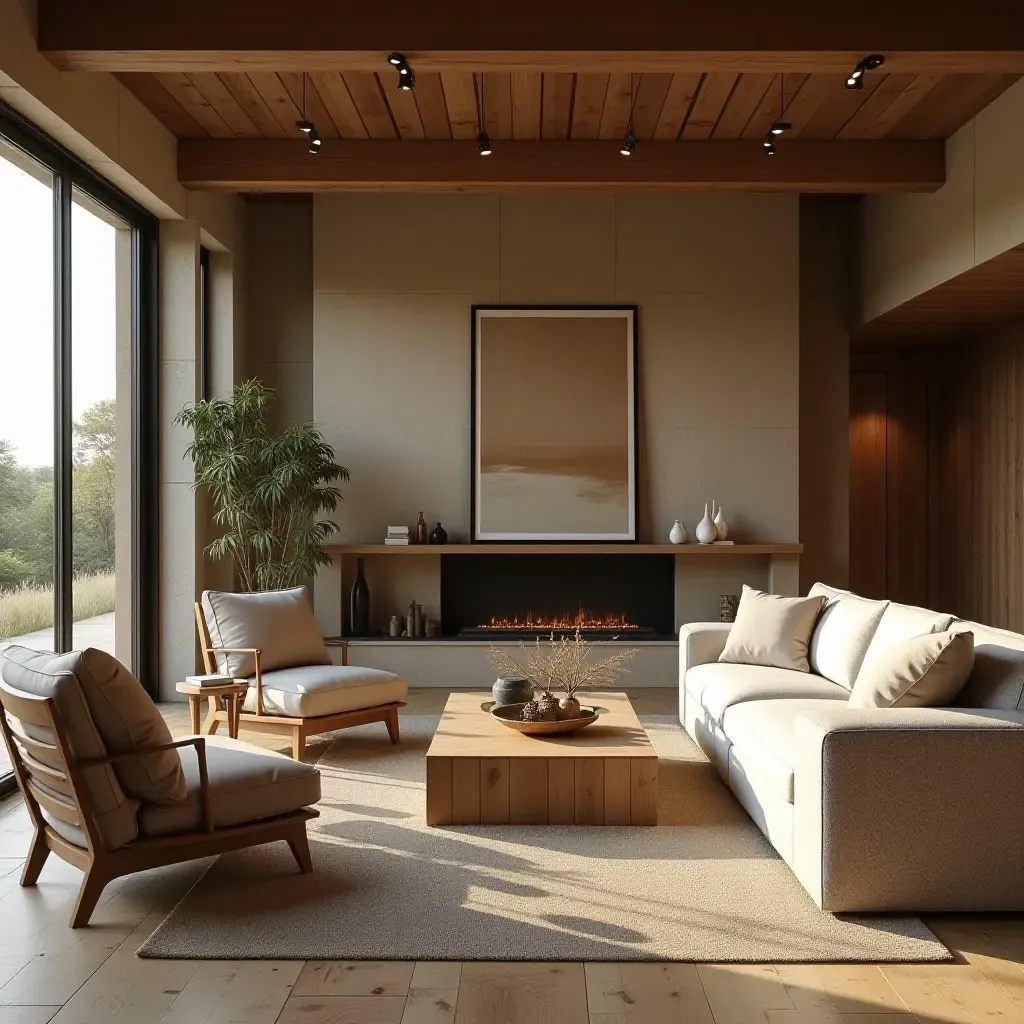 a photo of a rustic living room with warm tones and natural materials