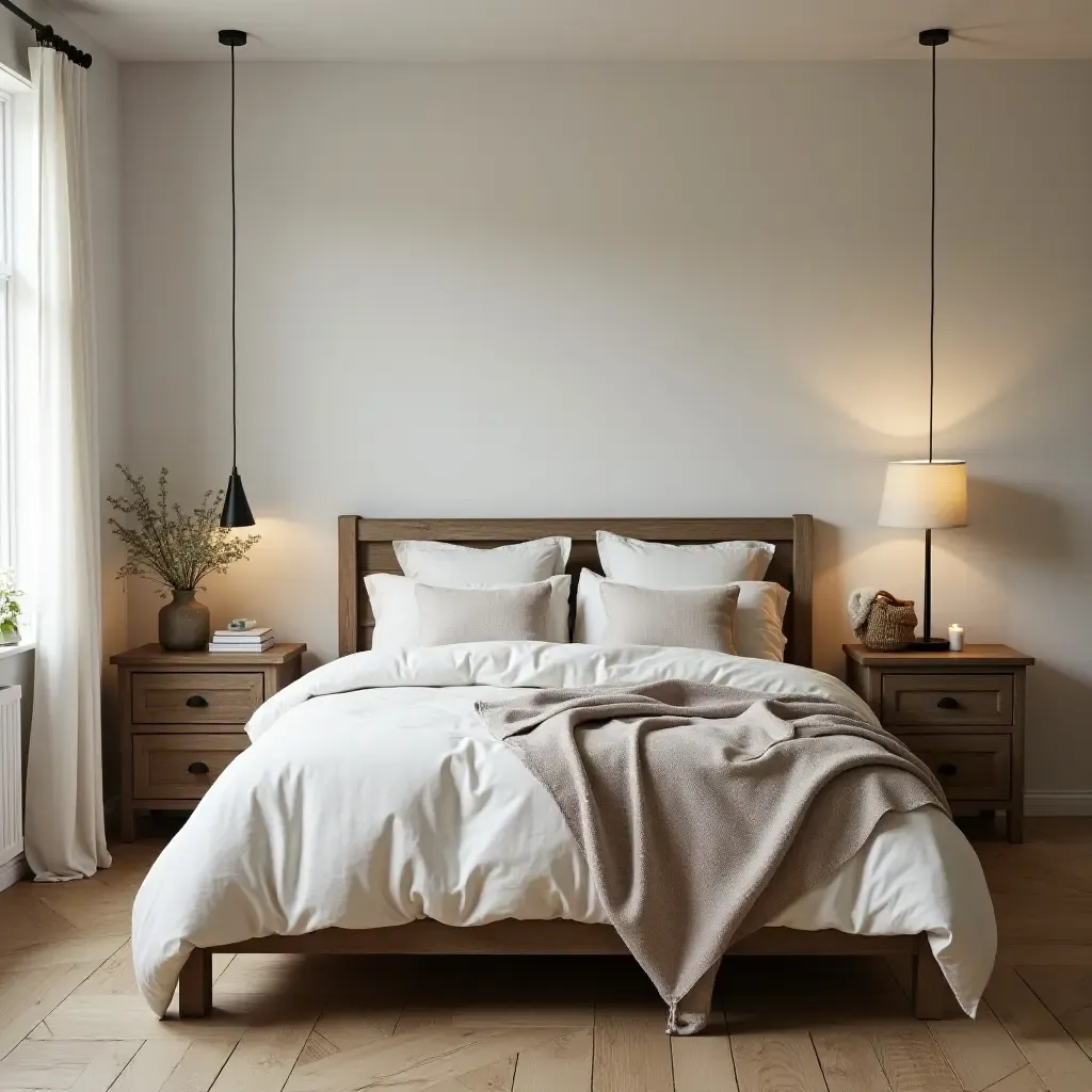 a photo of a cozy farmhouse bedroom with rustic wooden furniture and soft linens